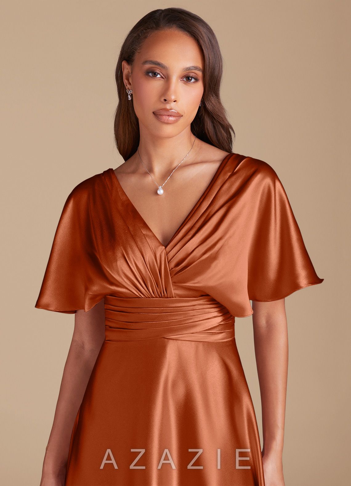 Azazie Pamela Auburn A-Line Pleated Metallic Satin Dress