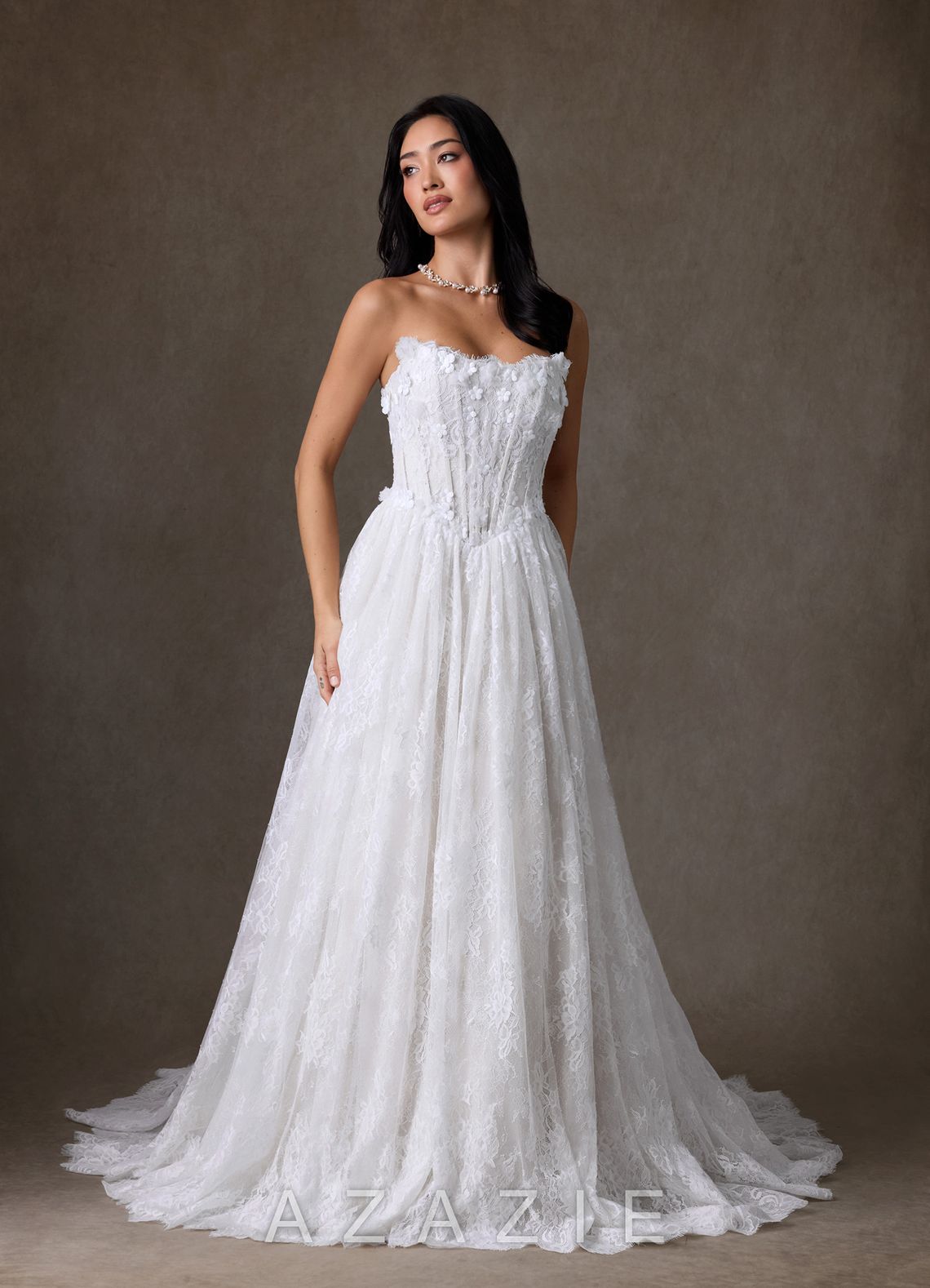 Azazie Vanessa Diamond White Ball-Gown Strapless Lace Dress diamond_white