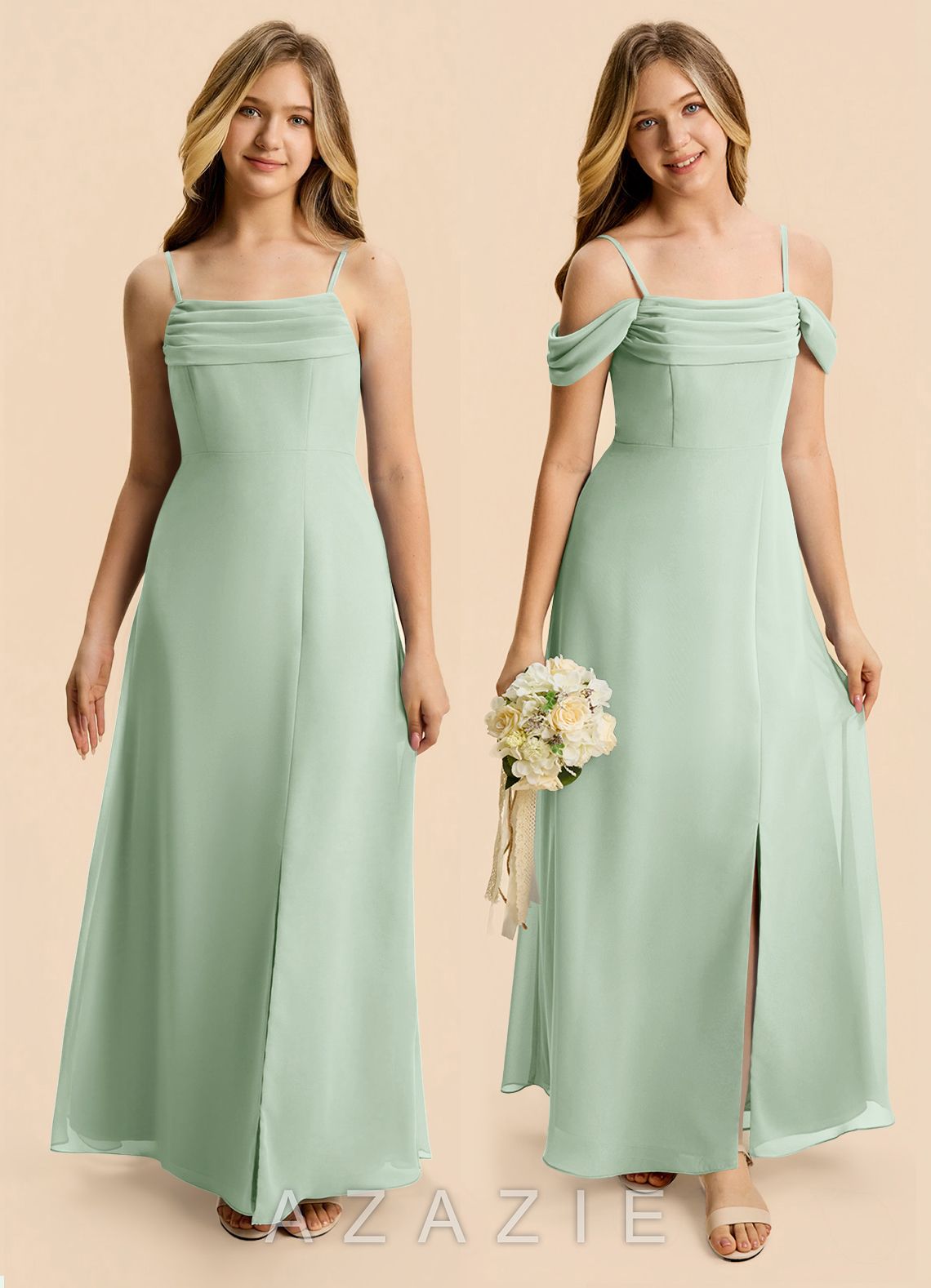 Azazie Lilly Junior Agave A-Line Pleated Chiffon Dress