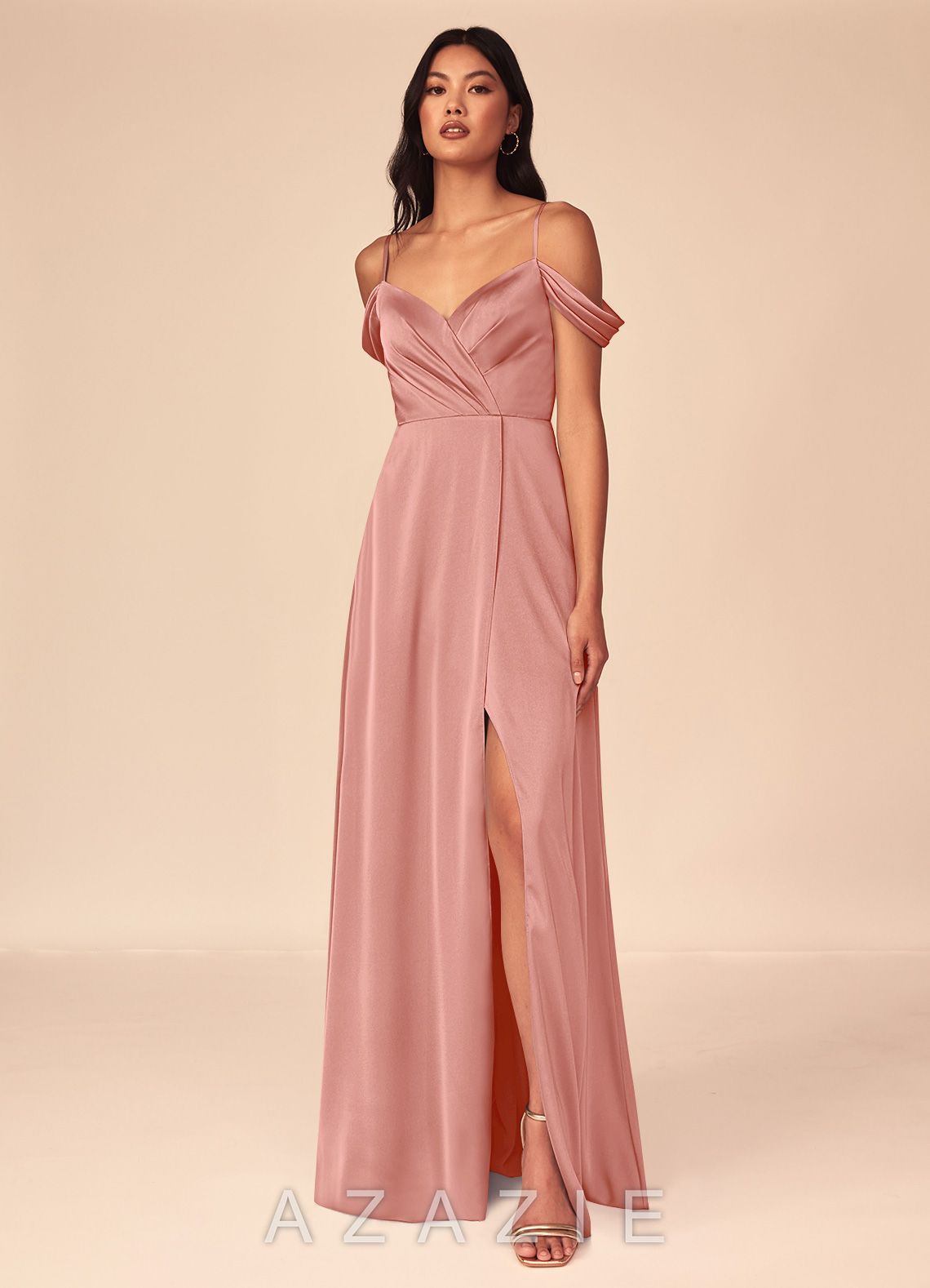 Azazie Ocean Rosette A-Line V-Neck Pleated Stretch Satin Dress