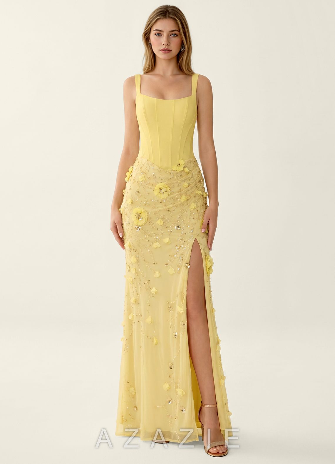 Belinda Yellow 3D Flowers Corset Lace Up Back Mermaid Prom Dress