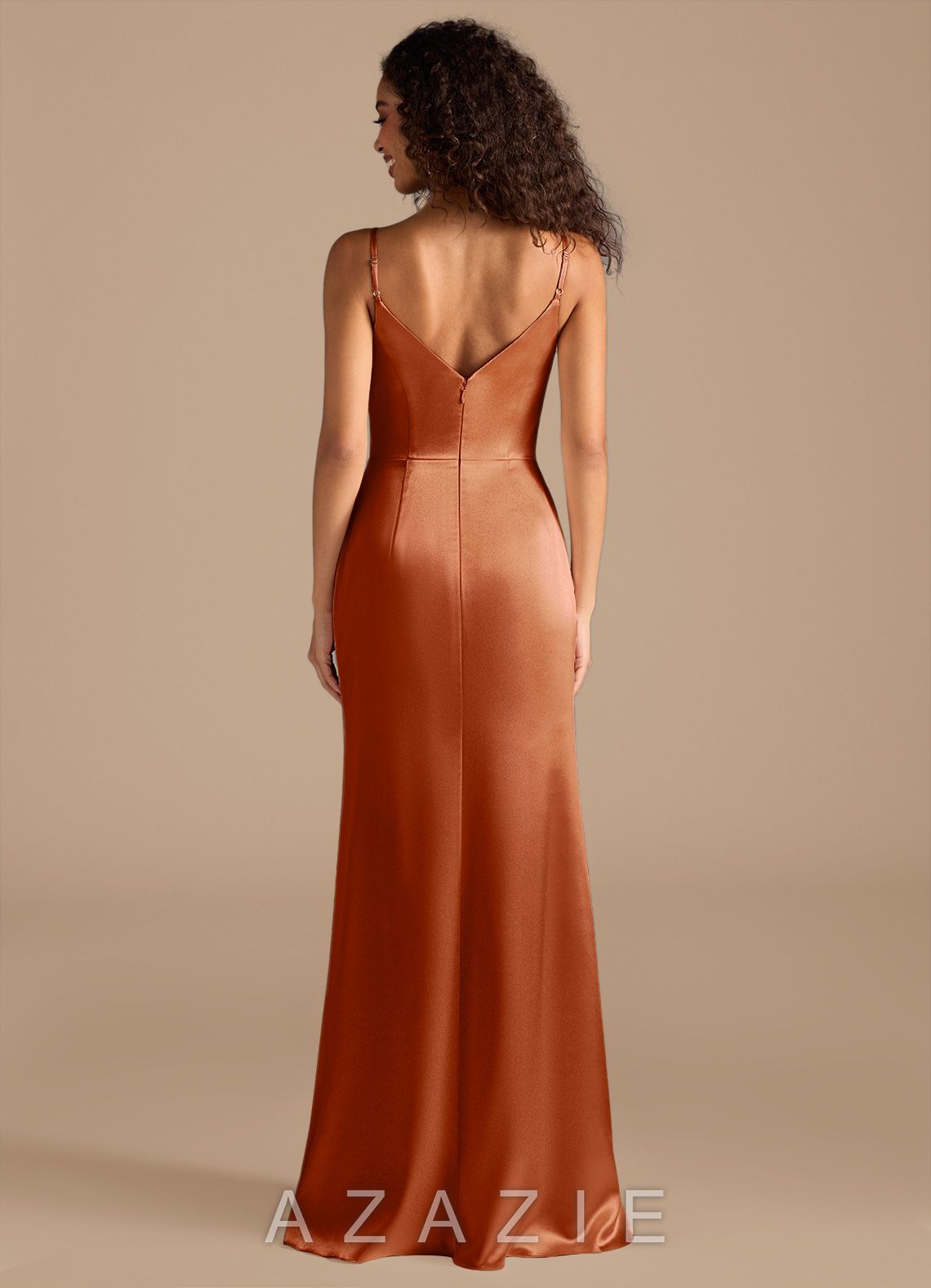 Azazie Deandra Auburn Mermaid Pleated Metallic Satin Dress auburn