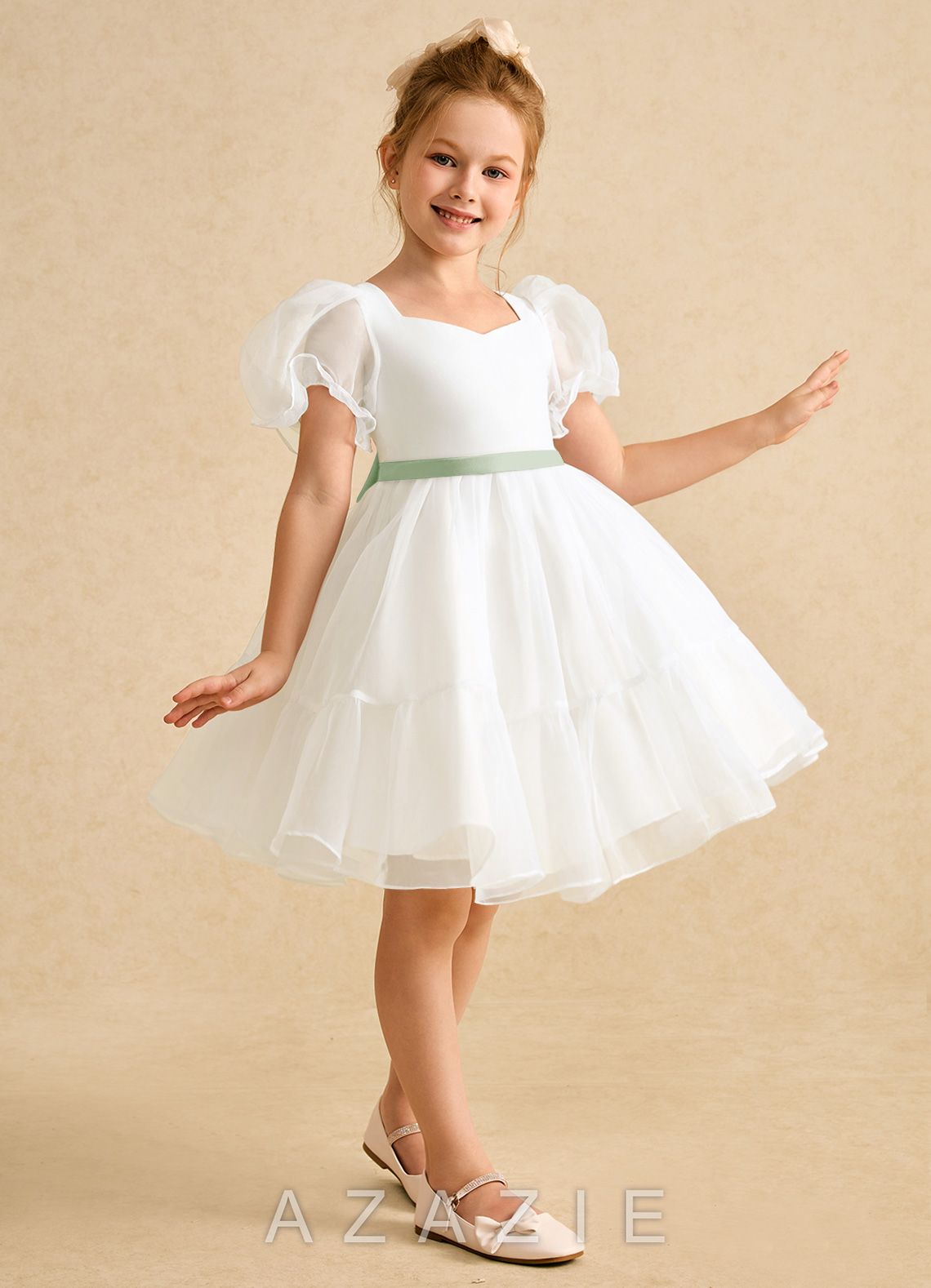 Azazie Debbie Ivory Dusty Sage Ball-Gown Sweetheart Neckline Organza Dress ivory/dusty_sage