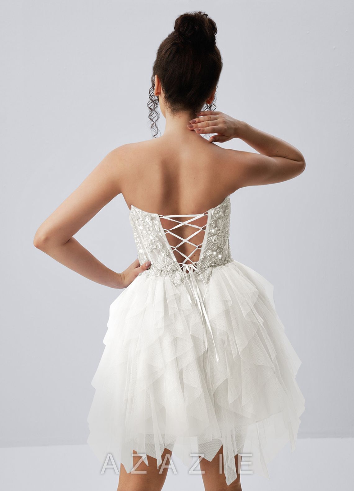 Madeline White Strapless 3D Floral Tulle Lace-Up Mini Dress