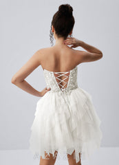 Madeline White Strapless 3D Floral Tulle Lace-Up Mini Dress