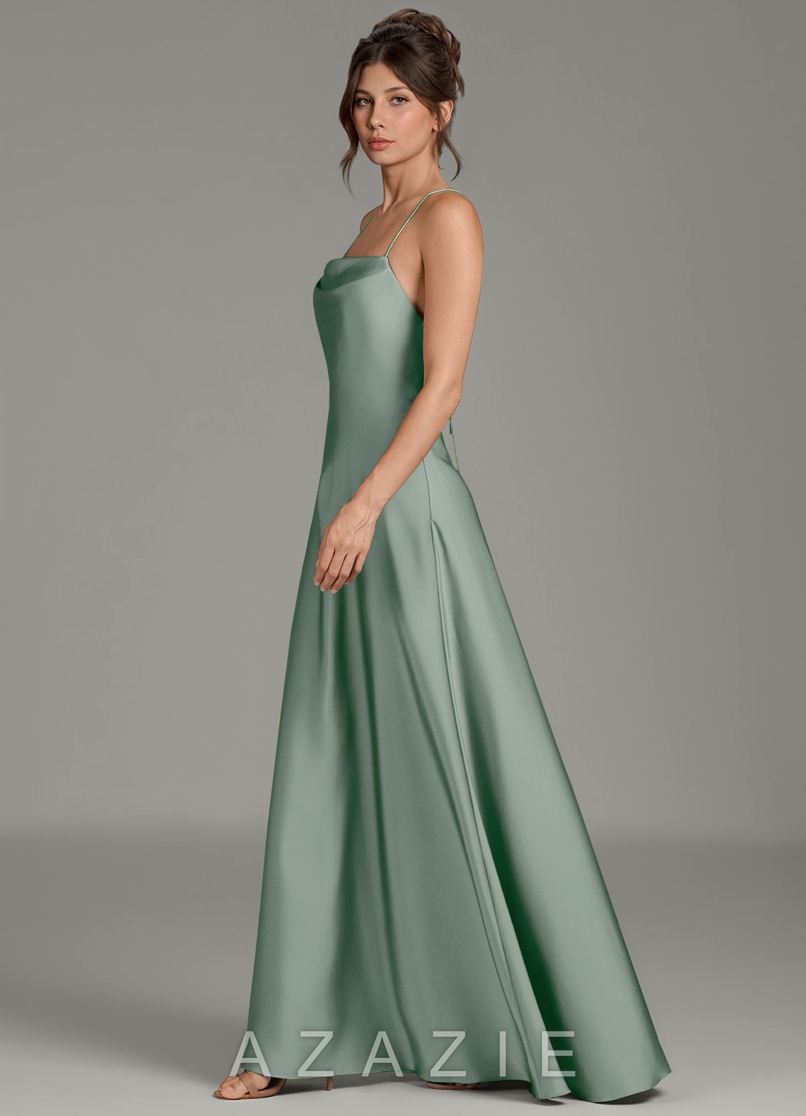 Azazie Eris Agave A-Line Pleated Stretch Satin Dress agave