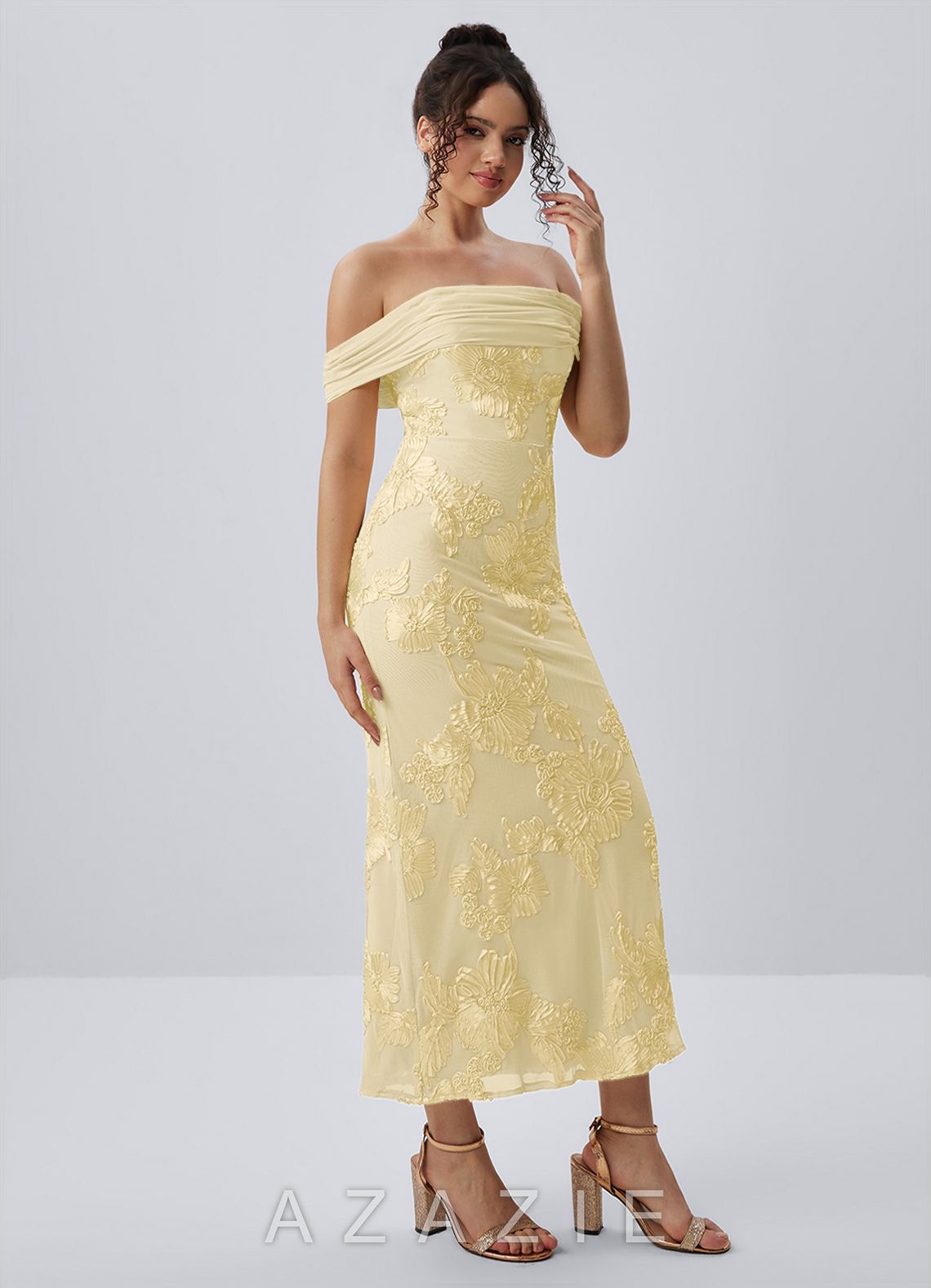 Berenice Lemon Sorbet 3D Floral Lace Off Shoulder Maxi Dress
