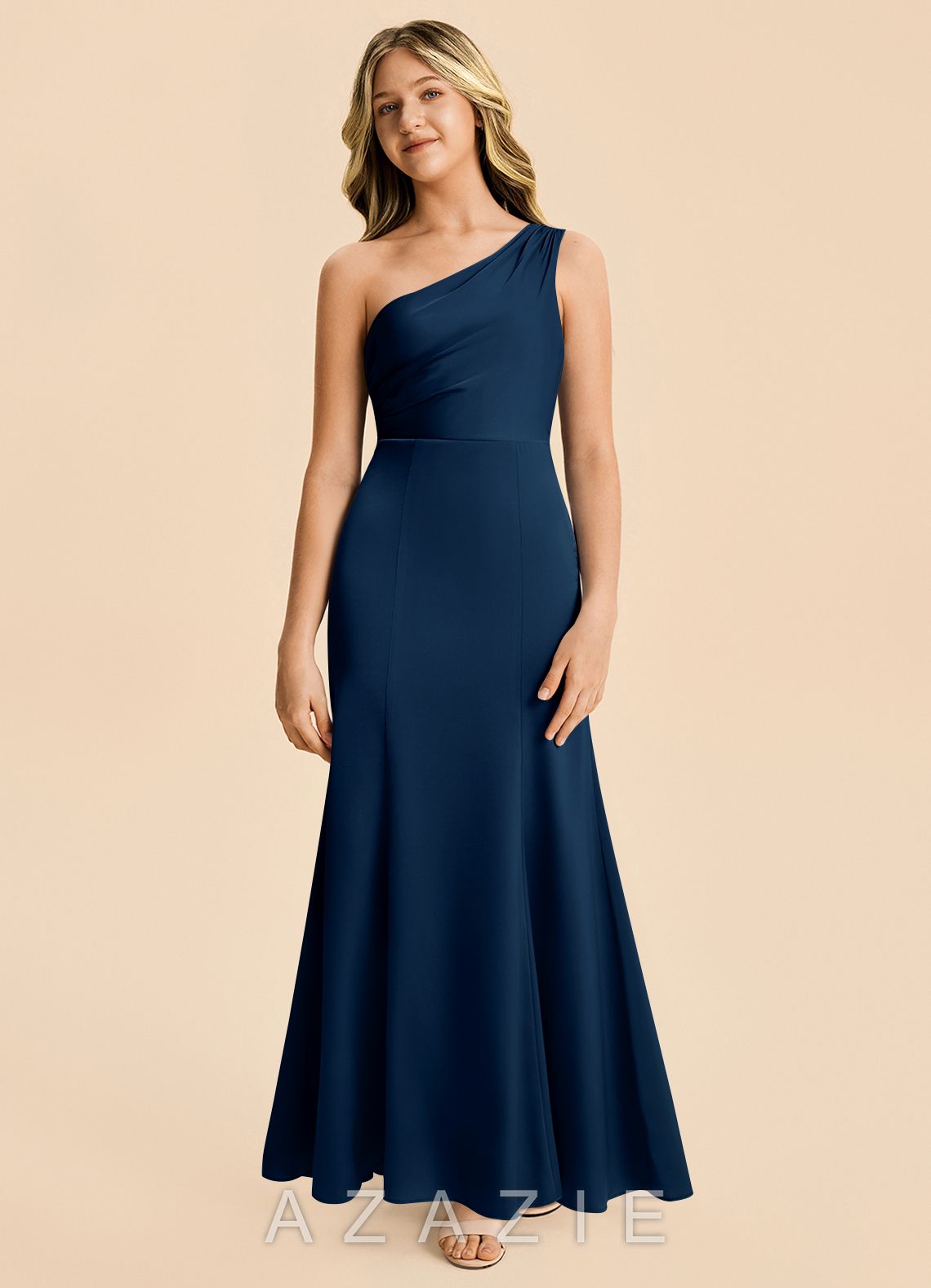 Azazie Ren Junior Dark Navy A-Line Pleated Stretch Satin Dress dark_navy