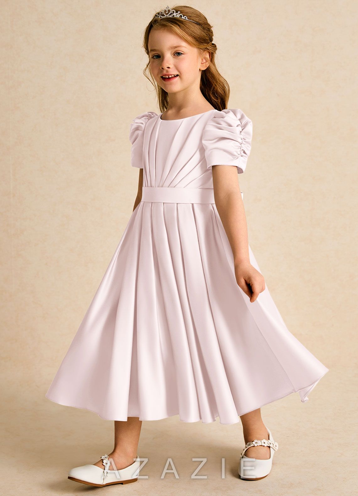 Azazie Miriam Blushing Pink Ball-Gown Pleated Matte Satin Dress blushing_pink
