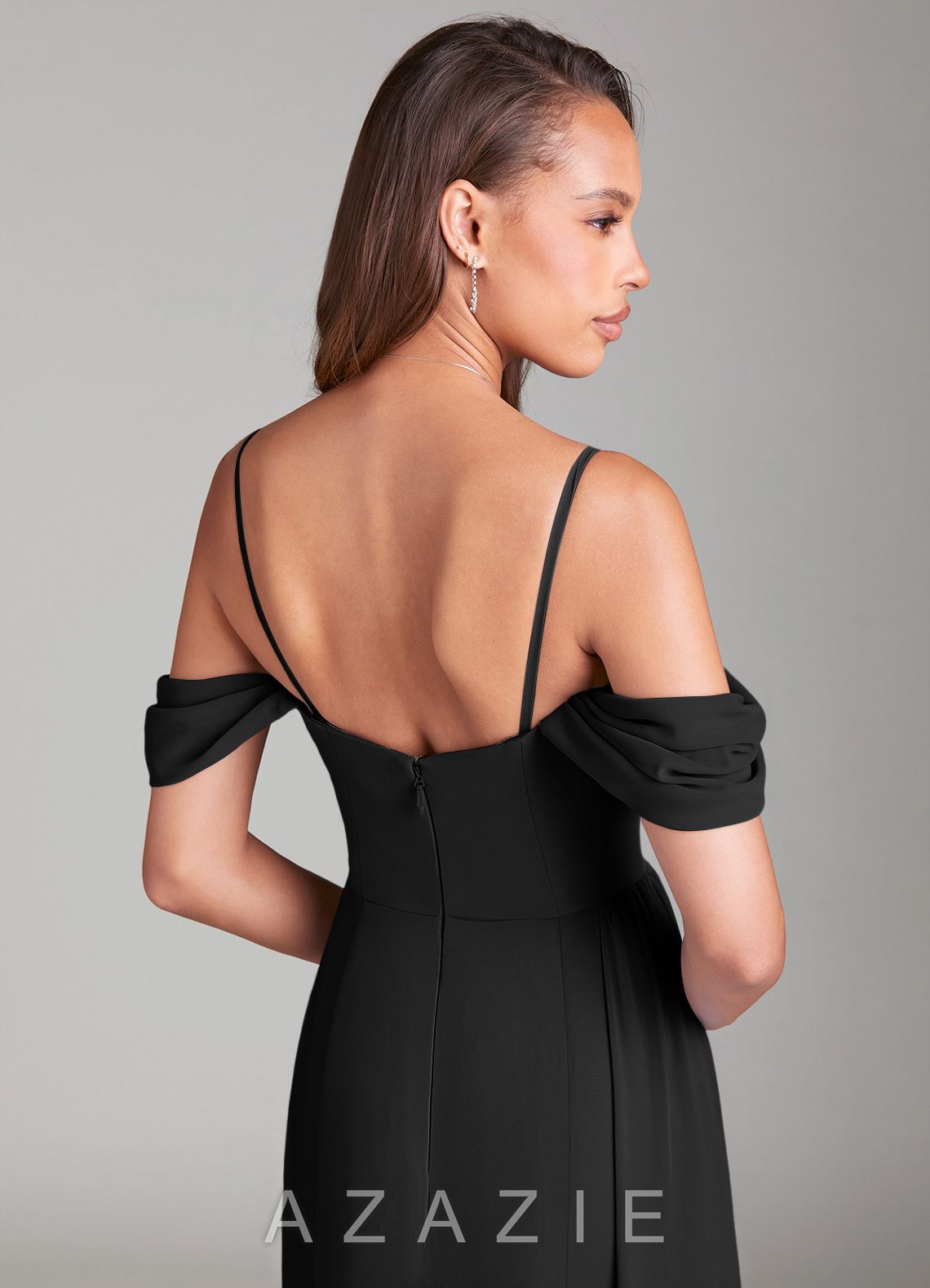 Azazie Amyra Black Sheath Off the Shoulder Chiffon Convertible Dress black