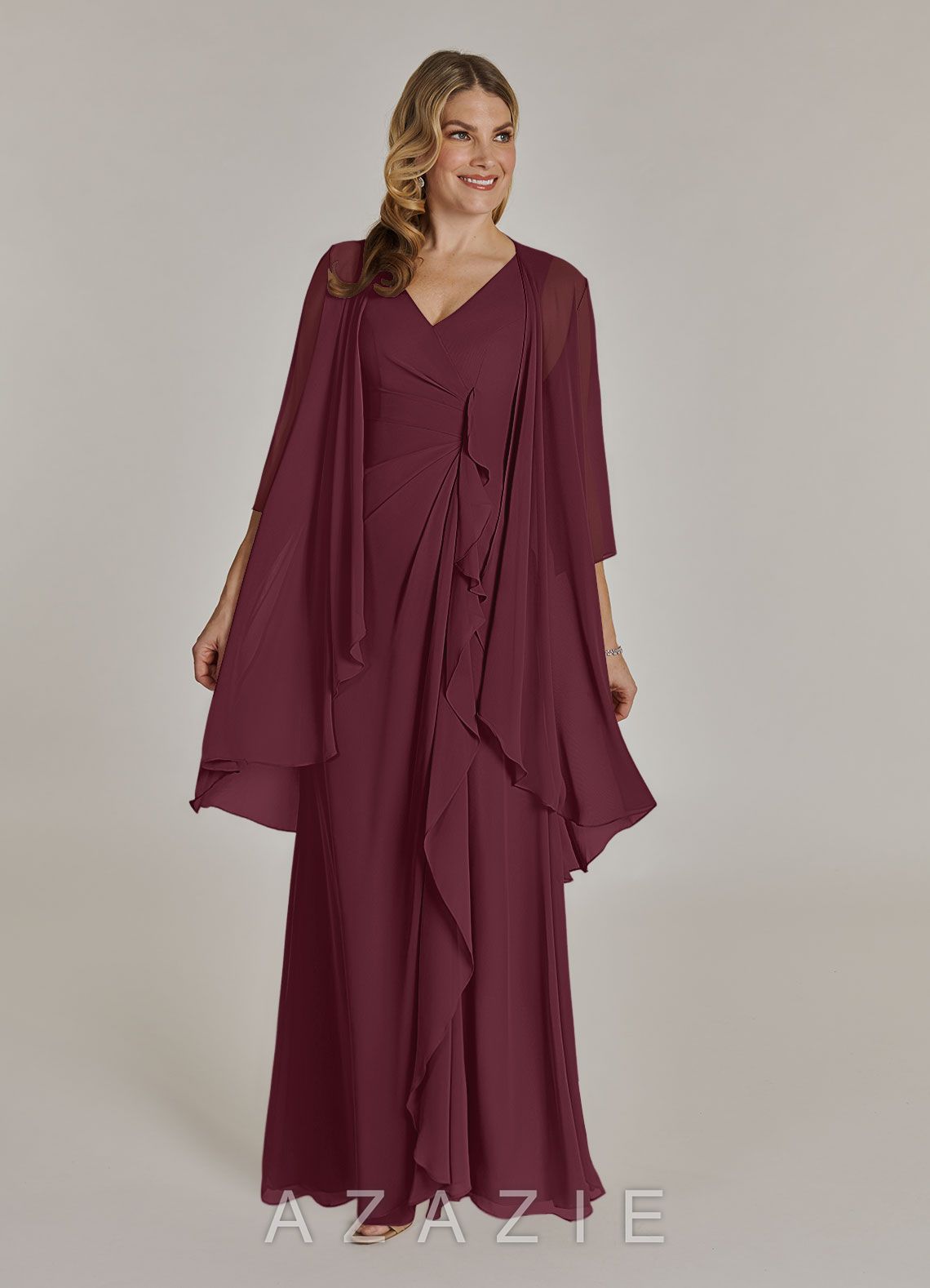 Azazie Manuella Cabernet A-Line V-Neck Pleated Chiffon Dress cabernet