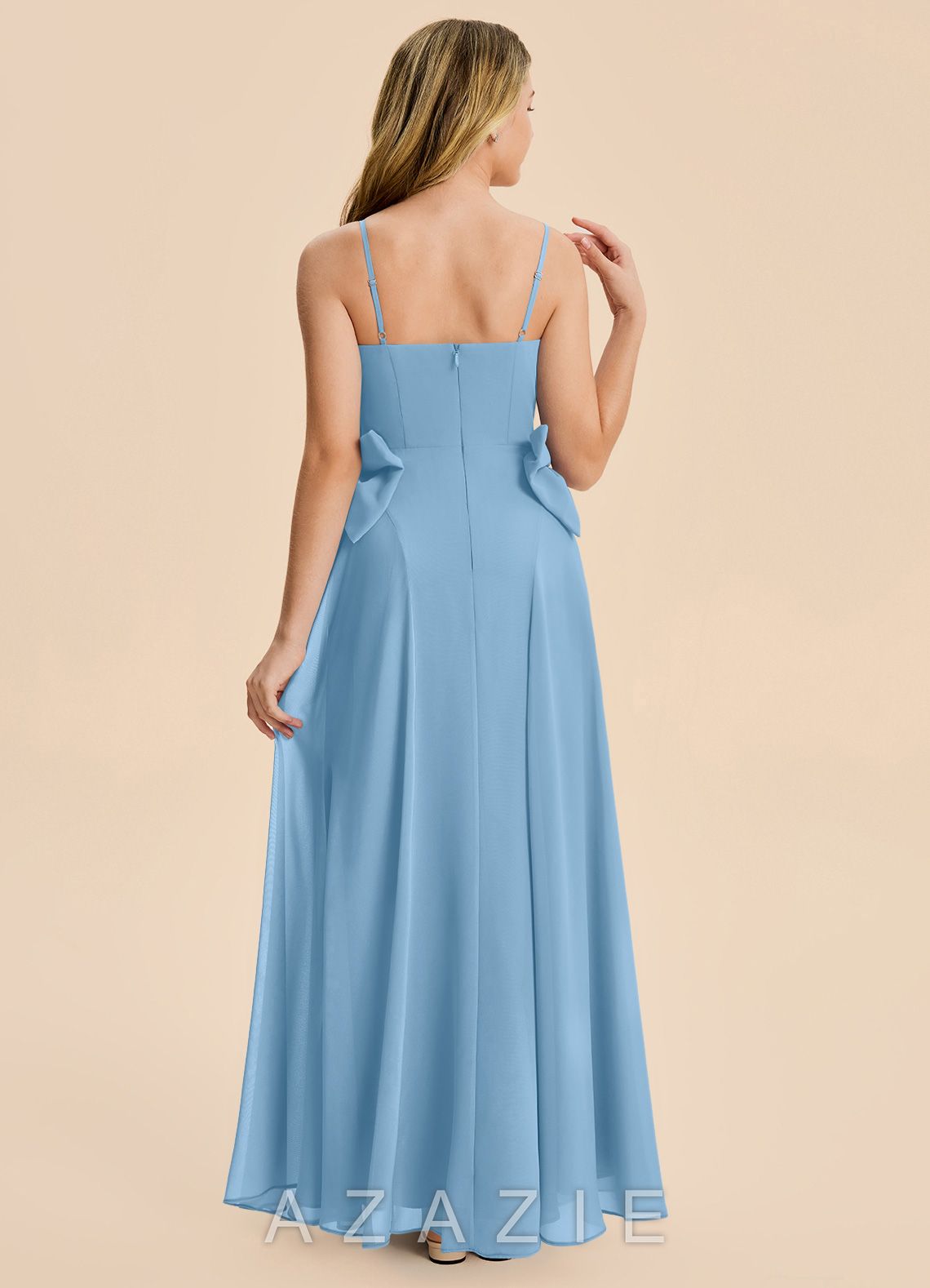 Azazie Nyah Junior Steel Blue A-Line Pleated Chiffon Dress steel_blue