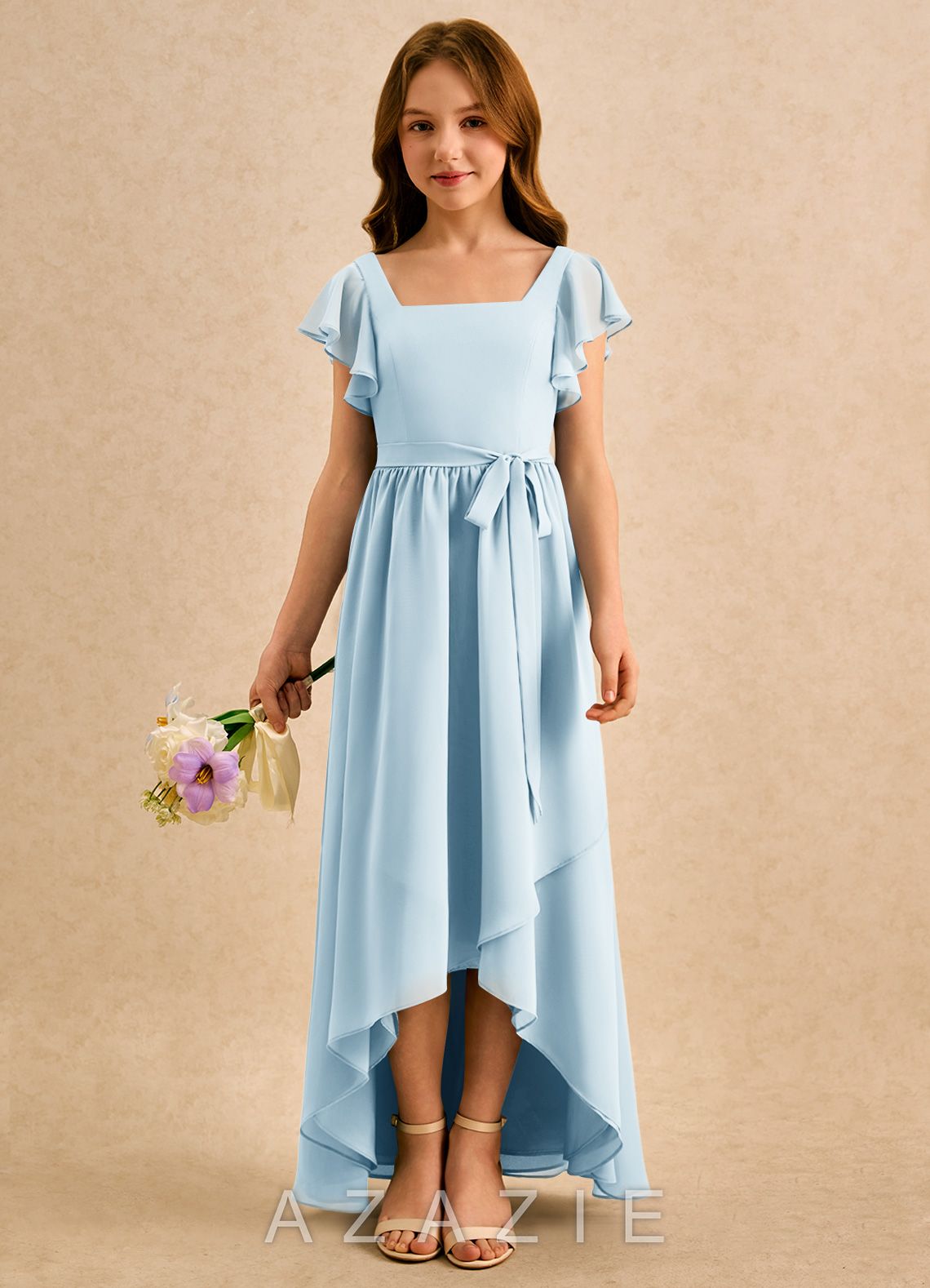 Azazie Milly Girls Formal Sky Blue A-Line Pleated Chiffon Dress sky_blue