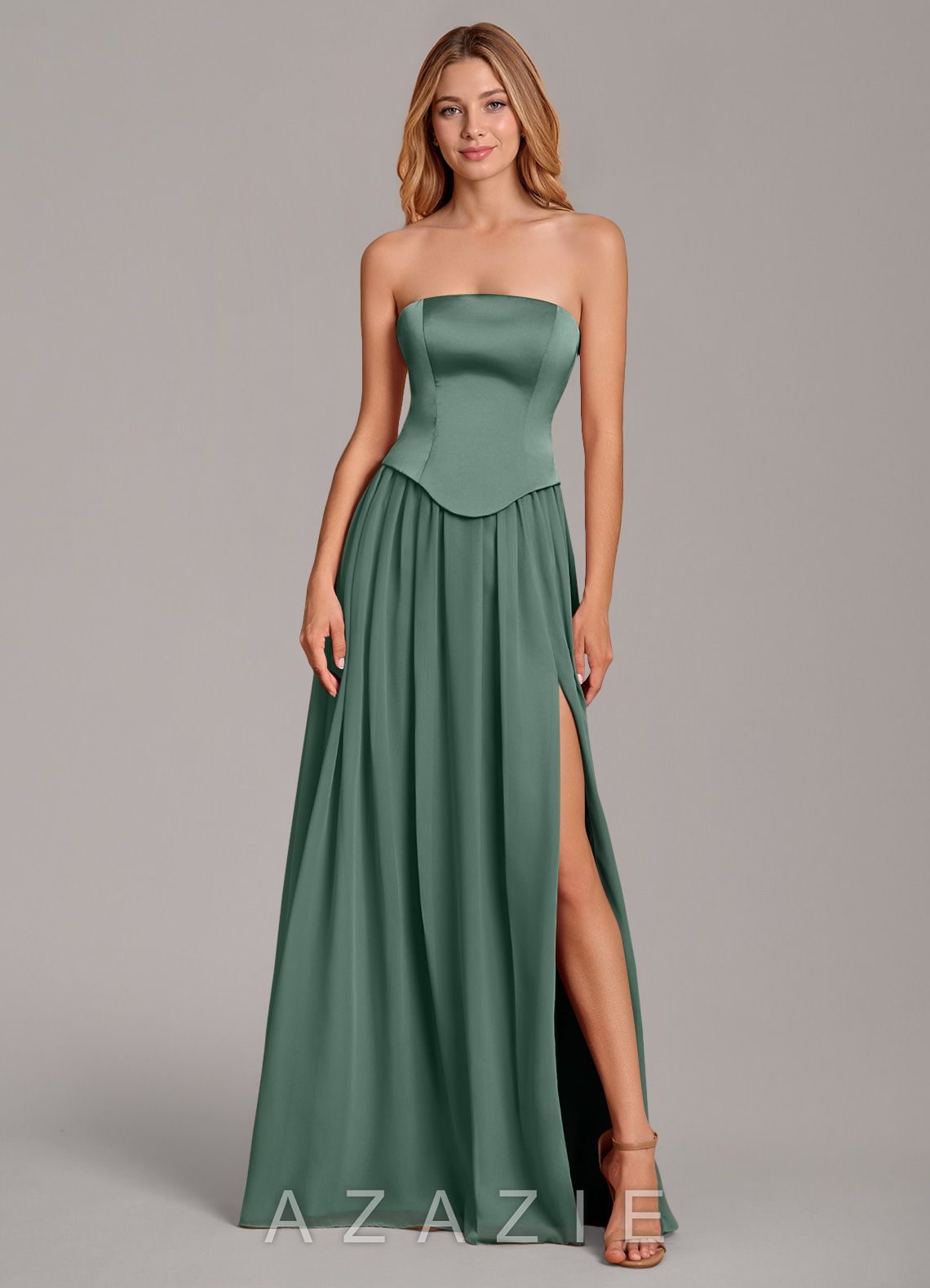 Azazie Cadence Eucalyptus A-Line Corset Stretch Satin Convertible Dress eucalyptus
