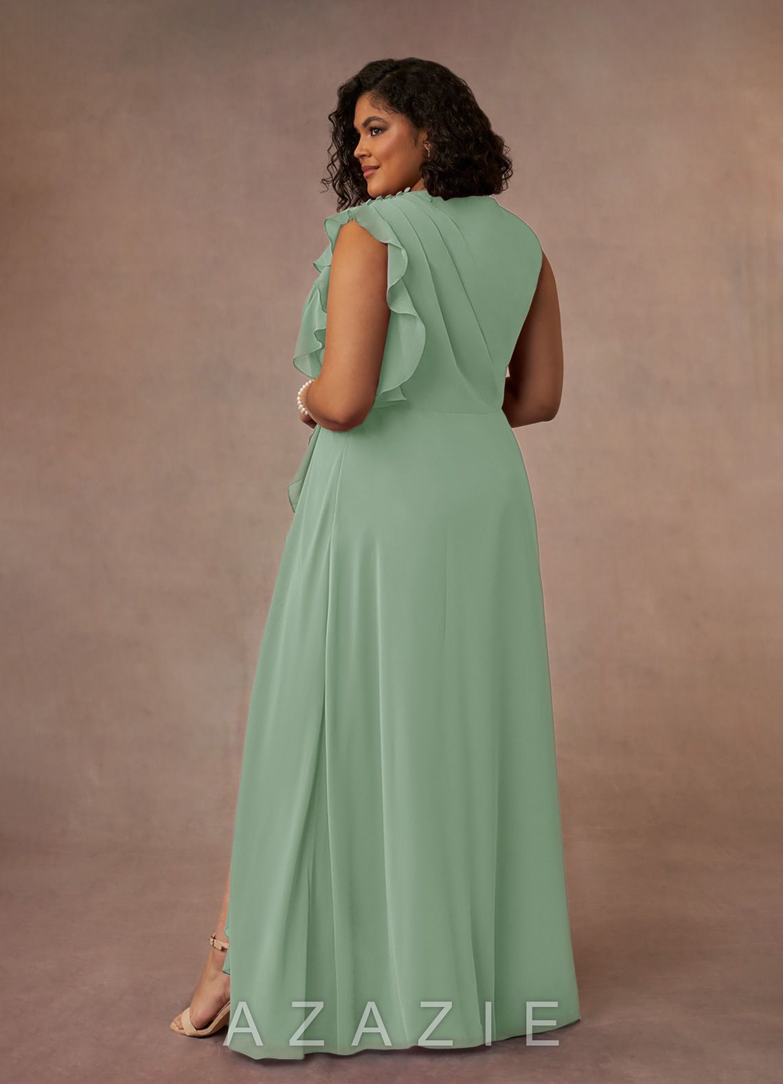 Azazie Narine Agave A-Line High Neckline Pleated Chiffon Dress agave