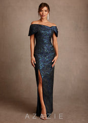 Azazie Zion Dark Navy Sheath Off the Shoulder Floral Jacquard Dress