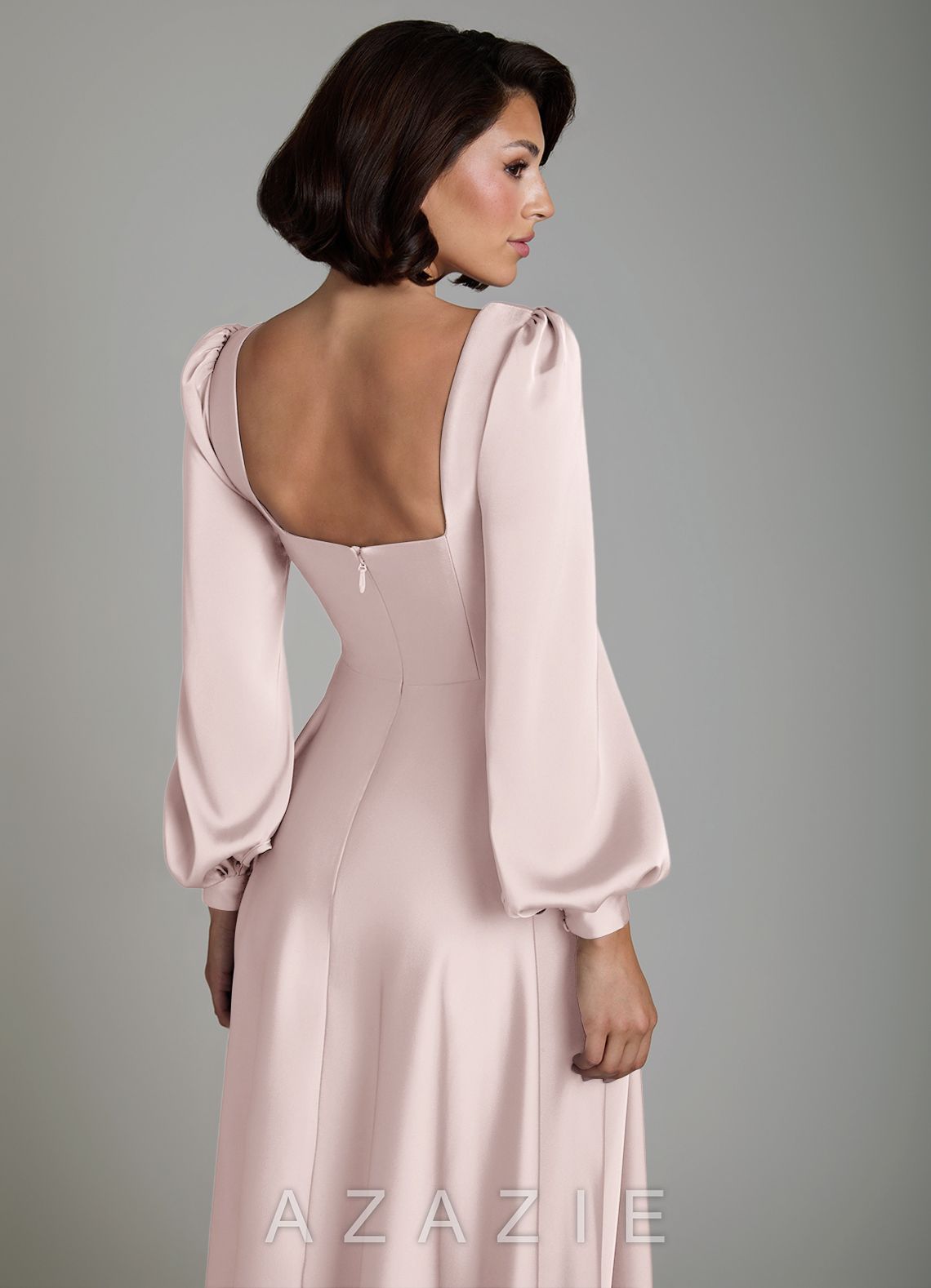 Azazie Solana Blushing Pink A-Line Long Sleeve Stretch Satin Dress blushing_pink