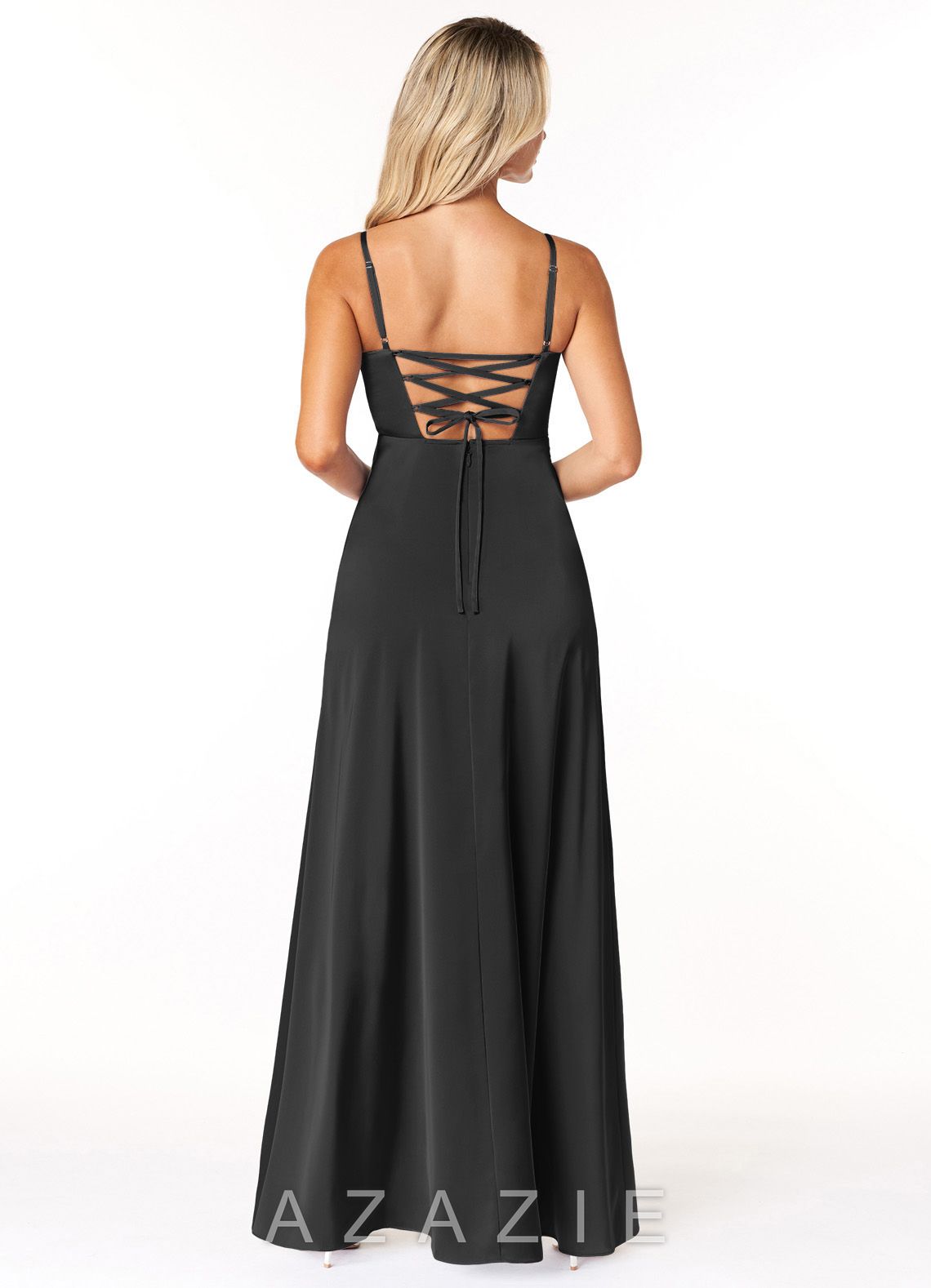 Azazie Marchella Black A-Line Corset Stretch Satin Dress black