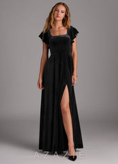 Azazie Bondi Black A-Line Side Slit Velvet Dress