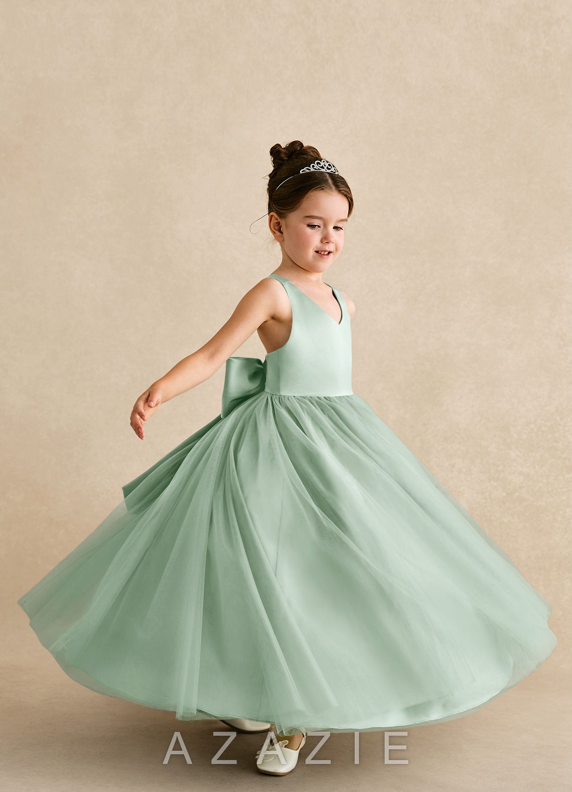 Azazie Peanut Agave A-Line Strap Tulle Dress agave