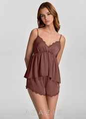 Satin Lace Neckline Ruffled‑Bust Cami & Shorts Pajama Set  espresso