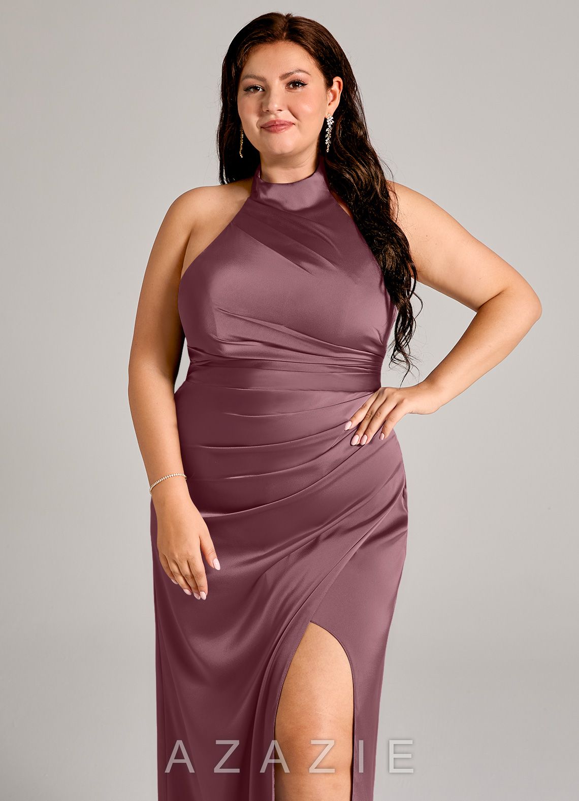 Azazie Jemma Amethyst Sheath Pleated Stretch Satin Dress amethyst