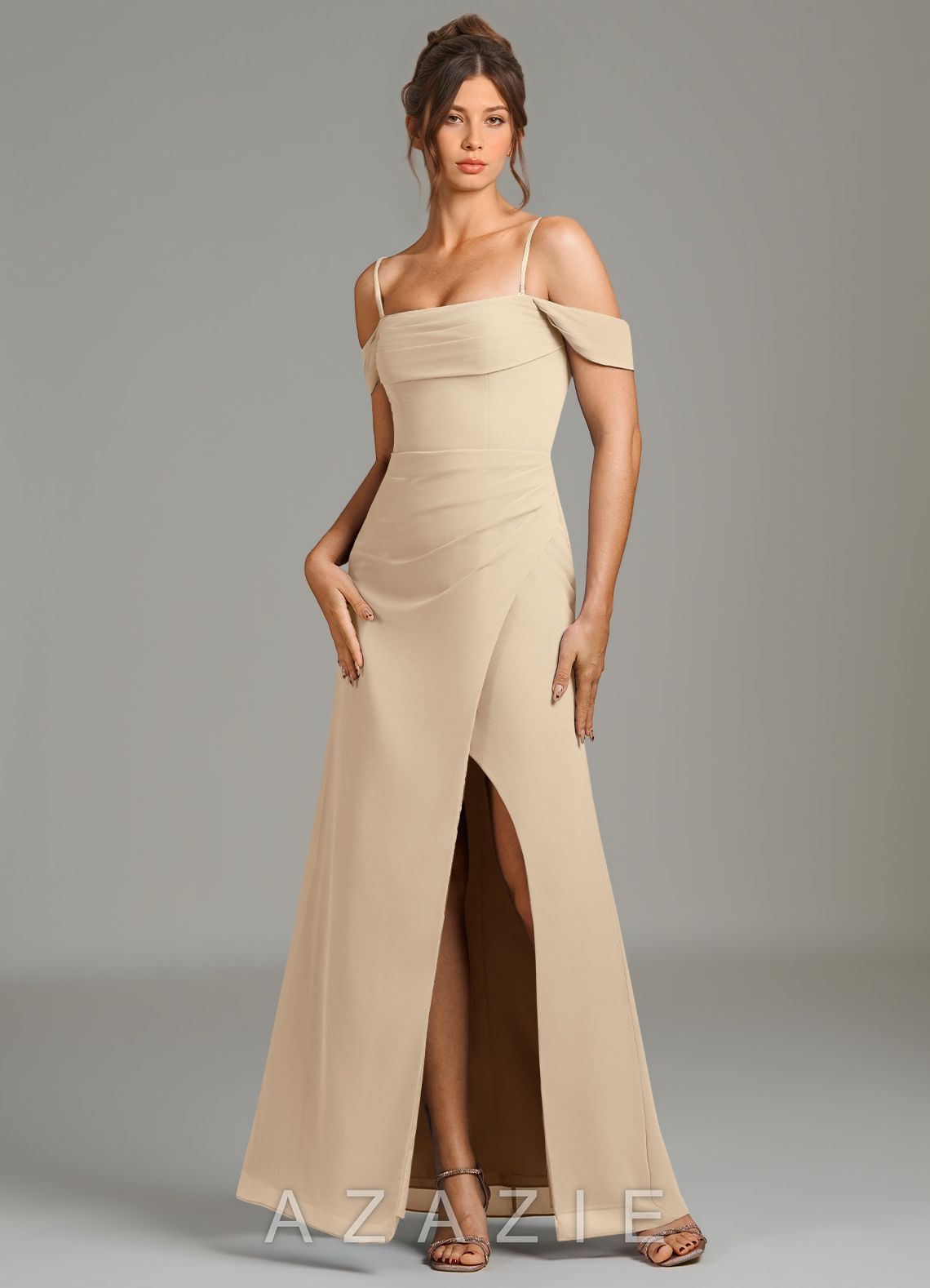 Azazie Jalice Champagne Mermaid Off the Shoulder Chiffon Dress champagne