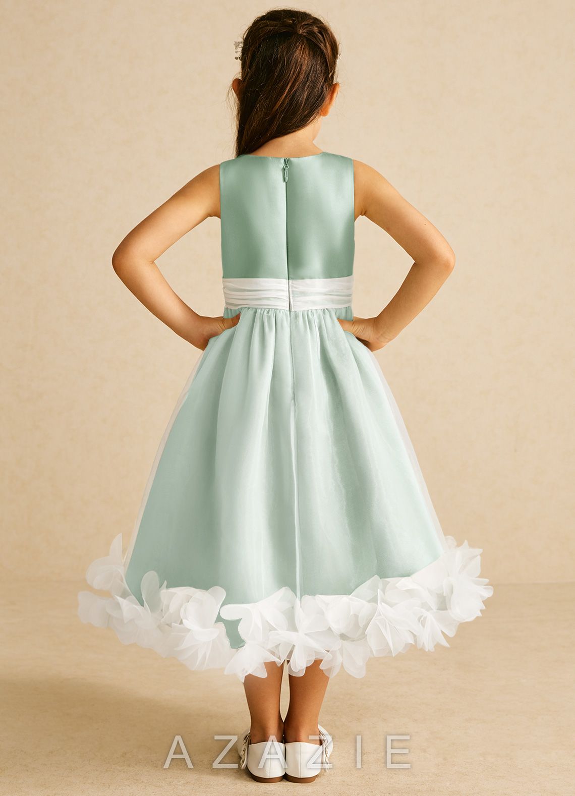 Azazie Stardust Agave A-Line Sleeveless Organza Dress agave