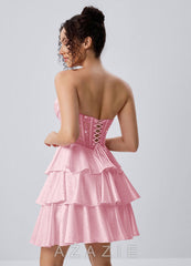 Maude Pink Strapless Floral Lace Corset Tiered Satin Mini Dress