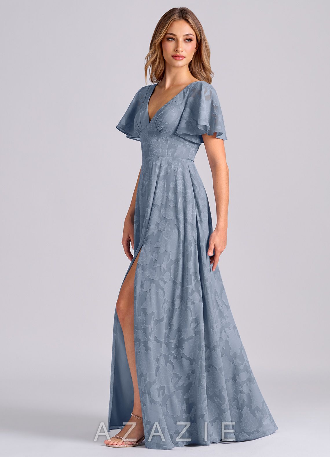 Azazie Kimber Dusty Blue A-Line with Pockets Floral Burnout Dress dusty_blue