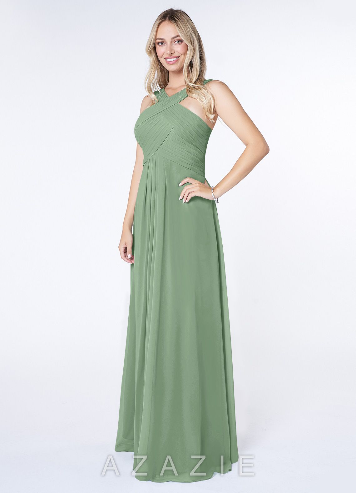 Azazie Kaleigh Matcha A-Line Pleated Chiffon Dress matcha