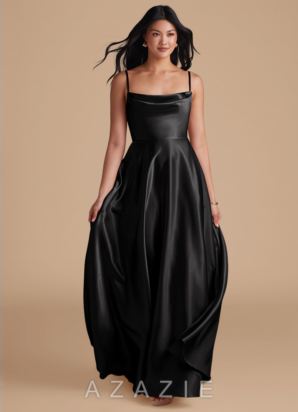Azazie Elle Black A-Line with Pockets Metallic Satin Dress black