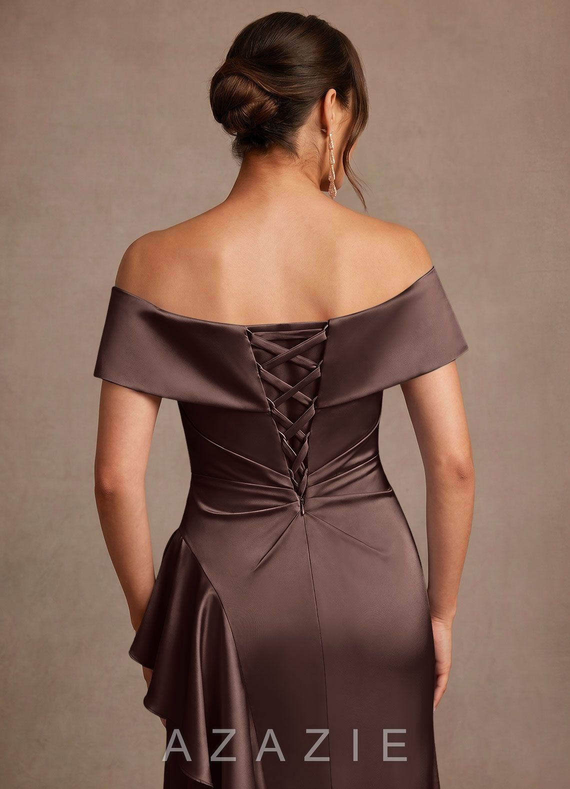 Azazie Kirsty Ganache Sheath Off the Shoulder Stretch Satin Dress ganache