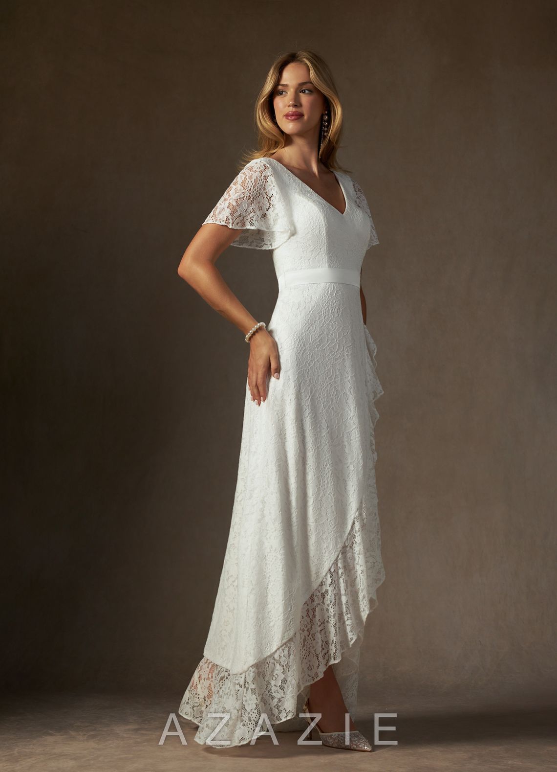 Azazie Lanei Wedding Dress Diamond White A-Line V-Neck Lace Dress diamond_white