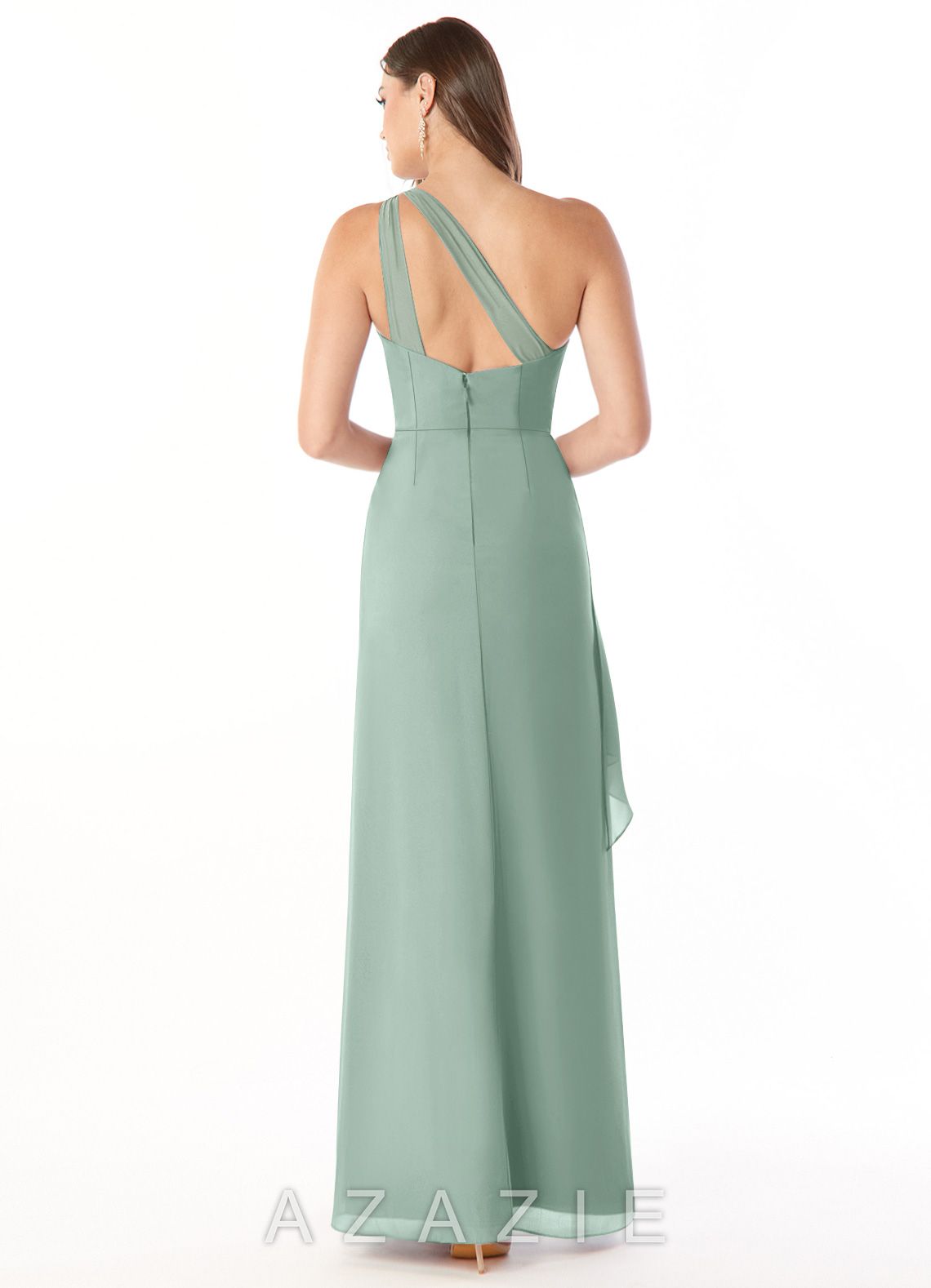 Azazie Maive Agave Sheath Pleated Ruffle Chiffon Dress agave