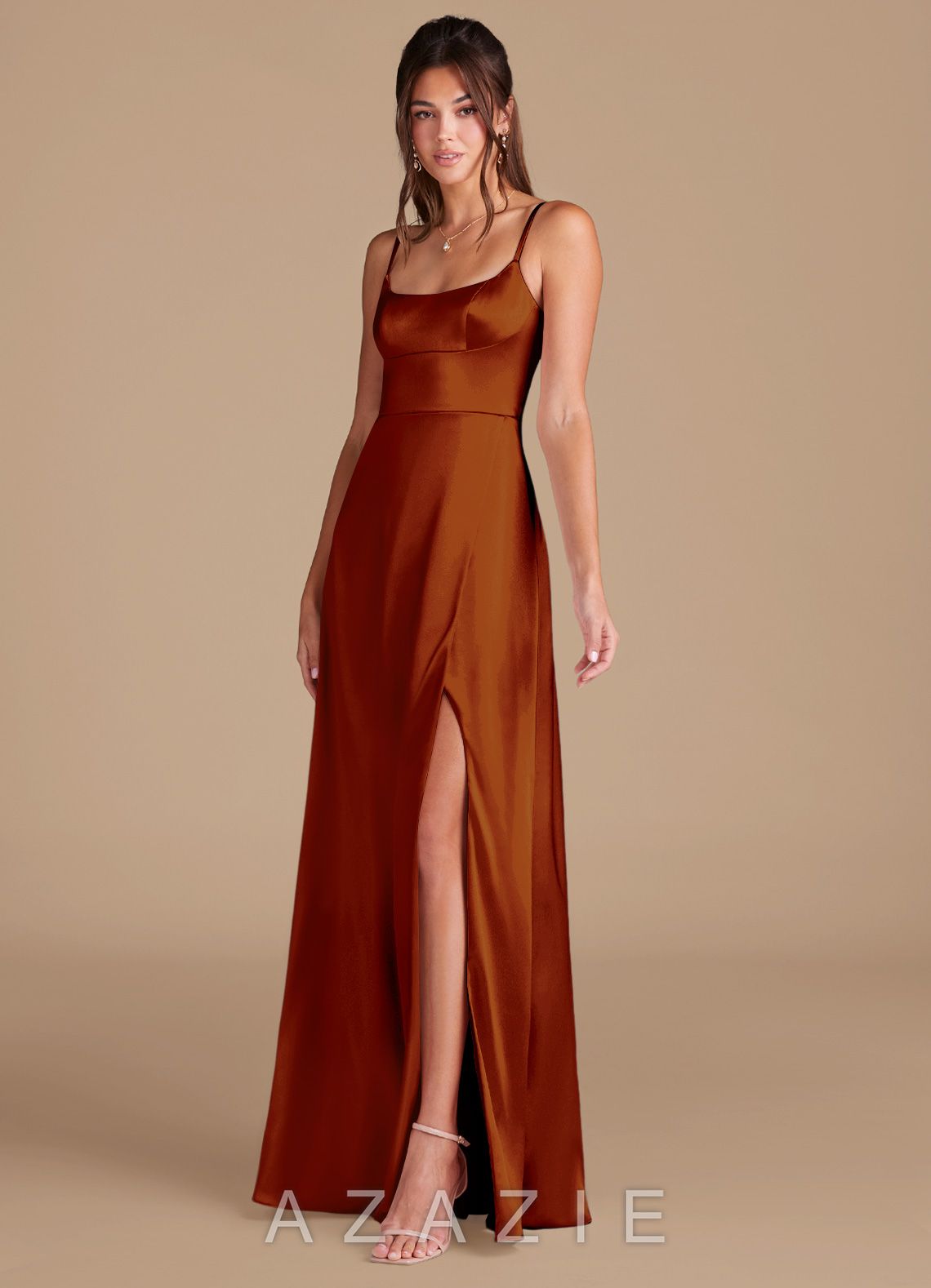 Azazie Halsey Auburn A-Line Side Slit Metallic Satin Dress auburn