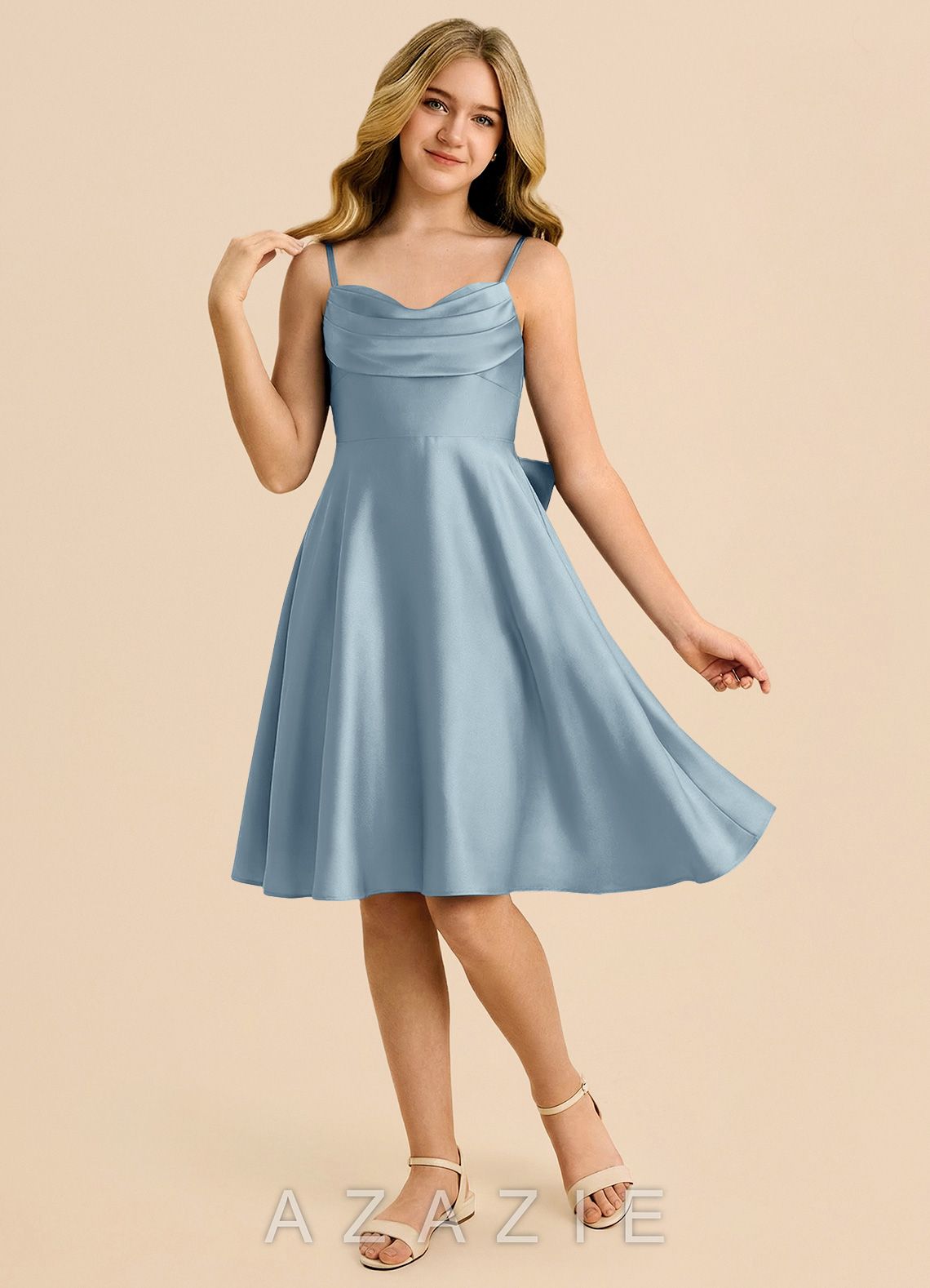 Azazie Bear Junior Dusty Blue A-Line Sweetheart Neckline Stretch Satin Dress