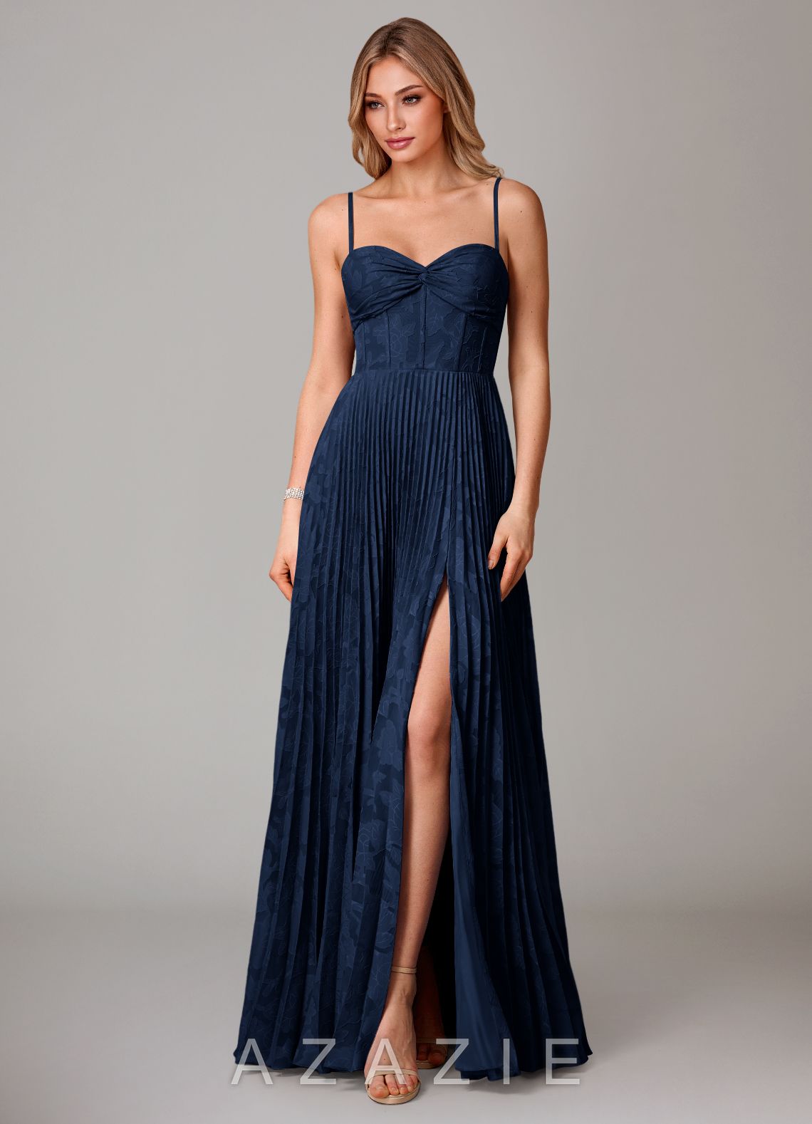 Azazie Akiko Dark Navy A-Line Sweetheart Neckline Floral Burnout Dress dark_navy
