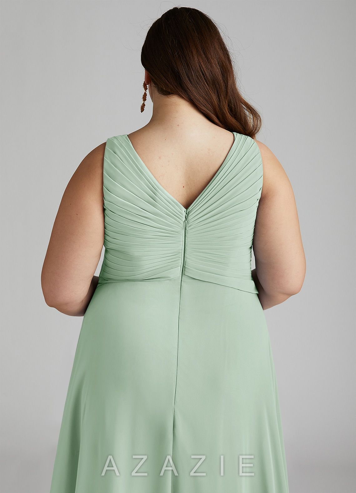 Azazie Flora Agave A-Line Pleated Chiffon Dress agave