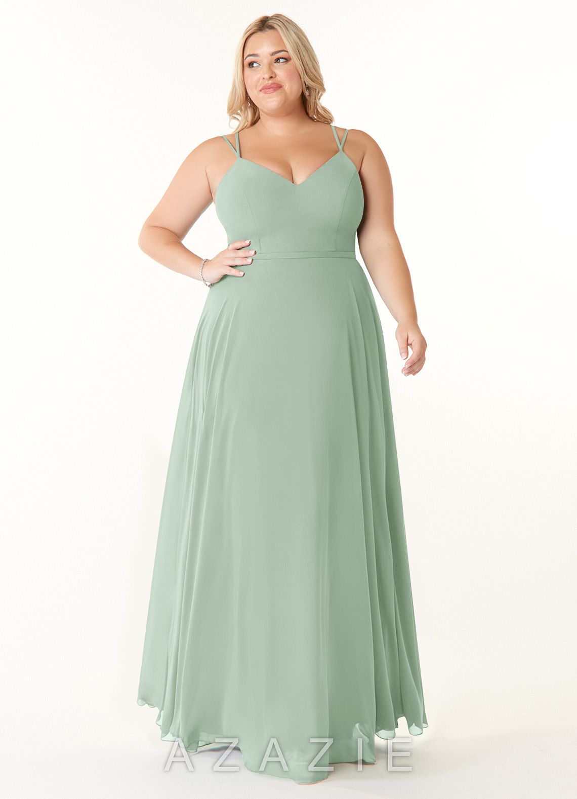 Azazie Janine Agave A-Line V-Neck Chiffon Dress agave