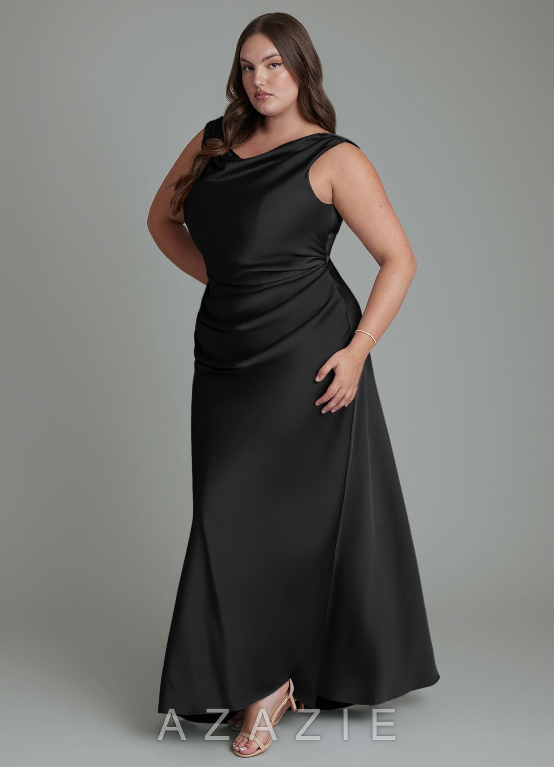 Azazie Kieryn Black Mermaid Pleated Stretch Satin Dress black