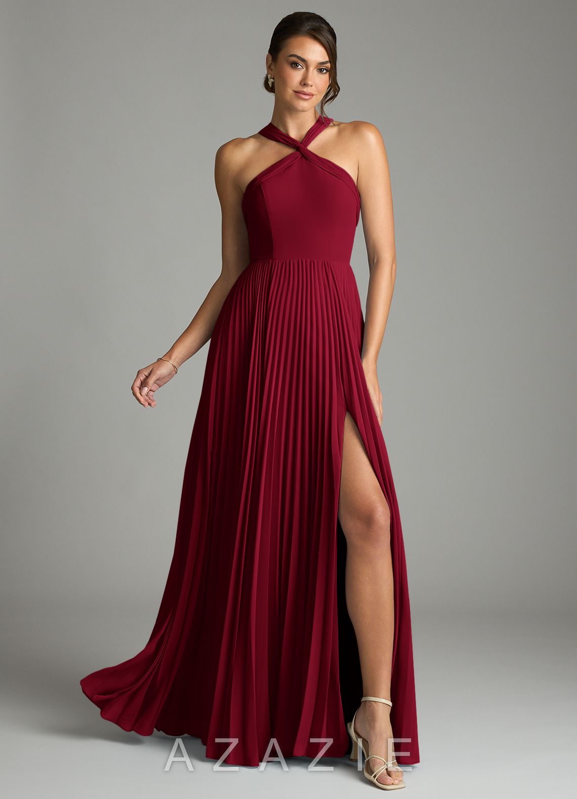 Azazie Afra Burgundy A-Line Pleated Chiffon Dress