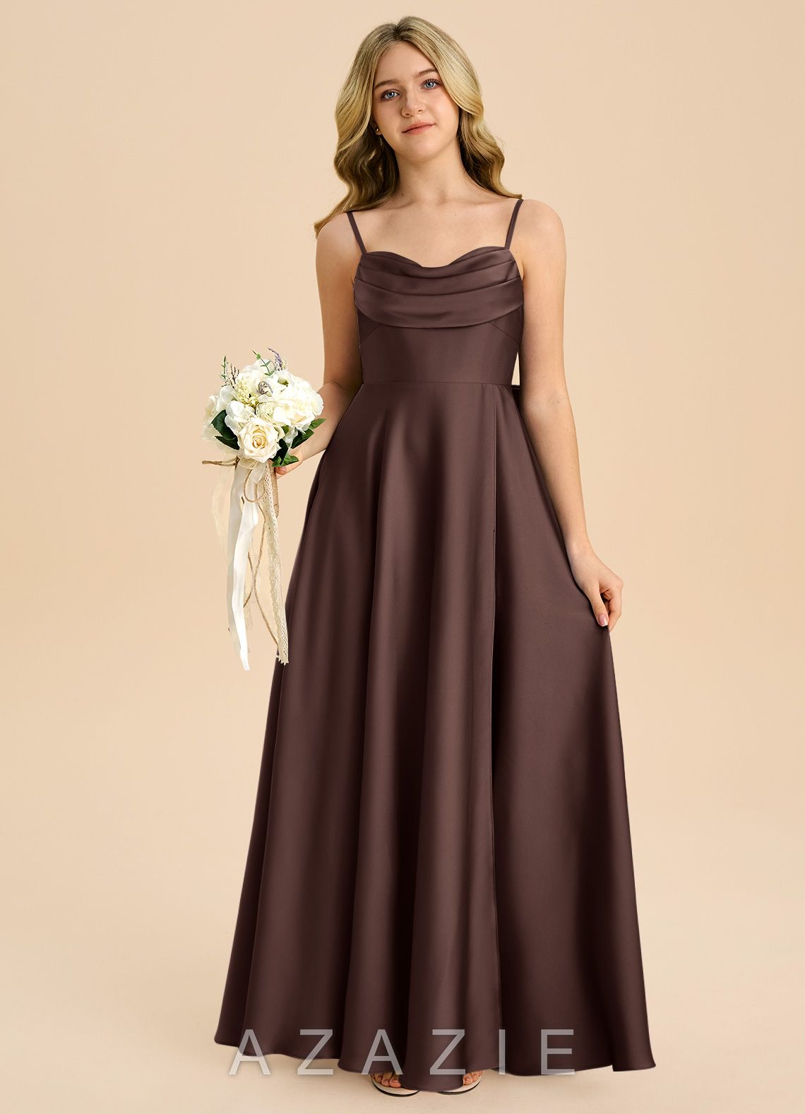 Azazie Bear Junior Ganache A-Line Sweetheart Neckline Stretch Satin Dress ganache