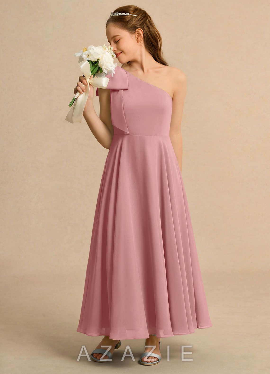 Azazie Guppy Girls Formal Dusty Rose A-Line One Shoulder Chiffon Dress dusty_rose