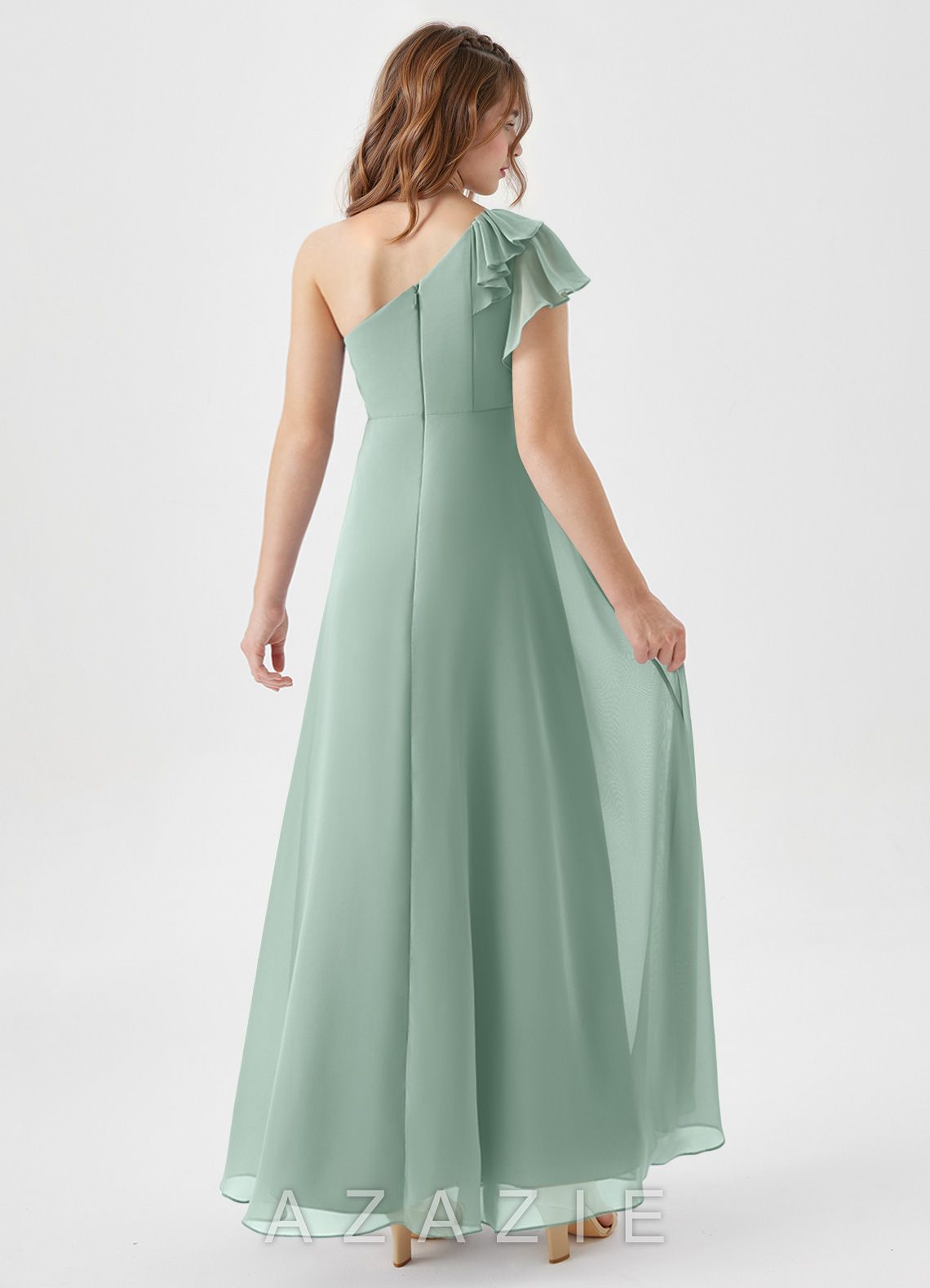 Azazie Arabella Junior Agave A-Line Ruched Chiffon Dress agave