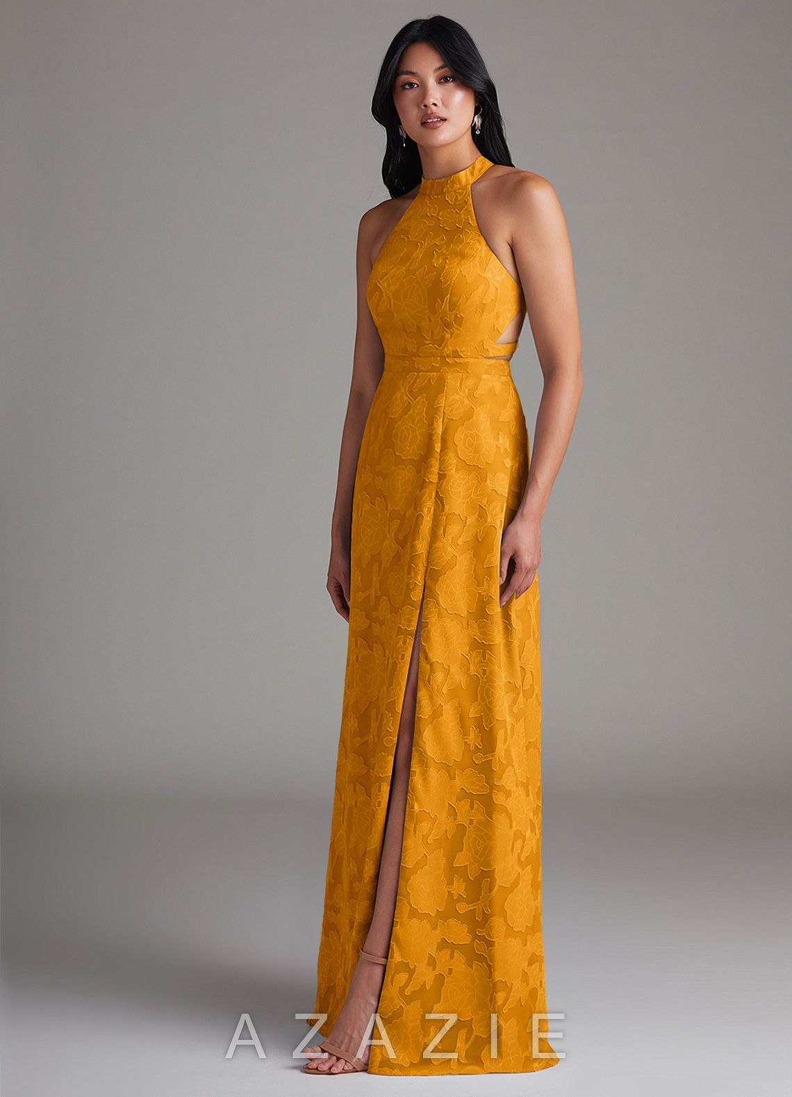 Azazie Clarice Butterscotch A-Line Side Slit Floral Burnout Dress butterscotch