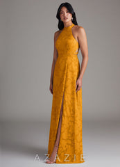 Azazie Clarice Butterscotch A-Line Side Slit Floral Burnout Dress butterscotch