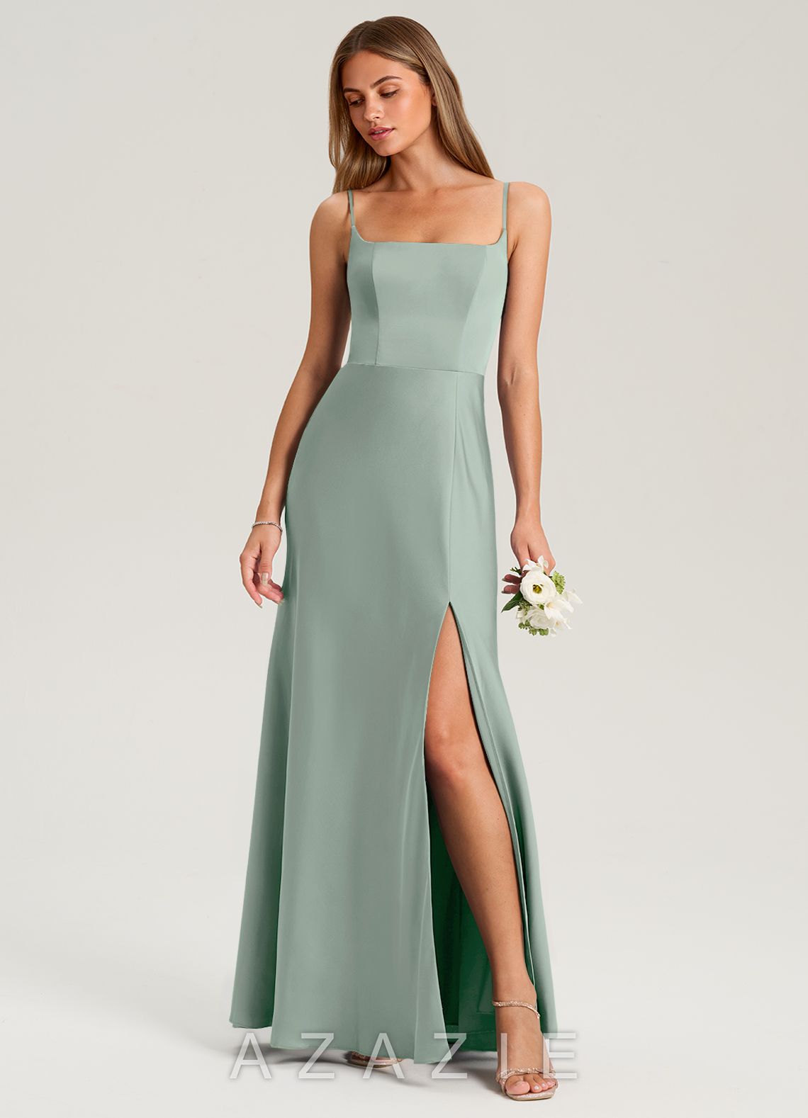 Azazie Lidia Agave Mermaid Side Slit Stretch Satin Dress