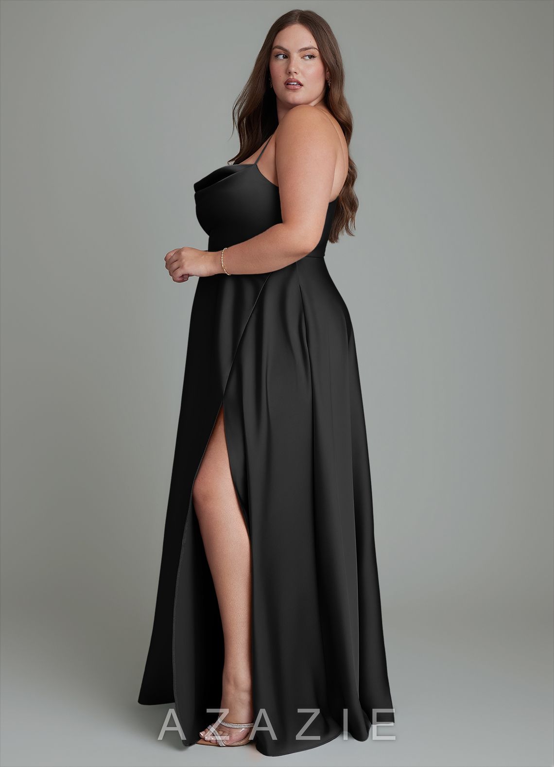 Azazie Elle Black A-Line Pleated Stretch Satin Dress black