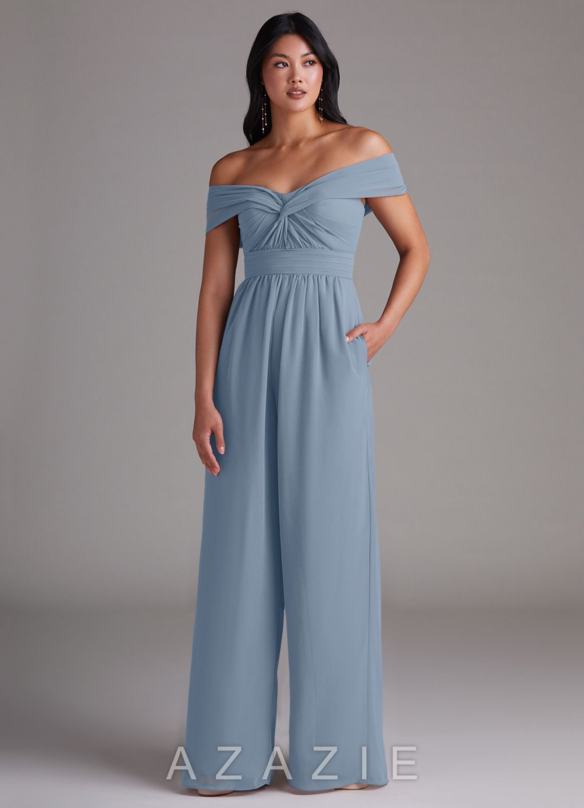 Azazie Lamara Dusty Blue Off the Shoulder Chiffon Convertible Jumpsuit